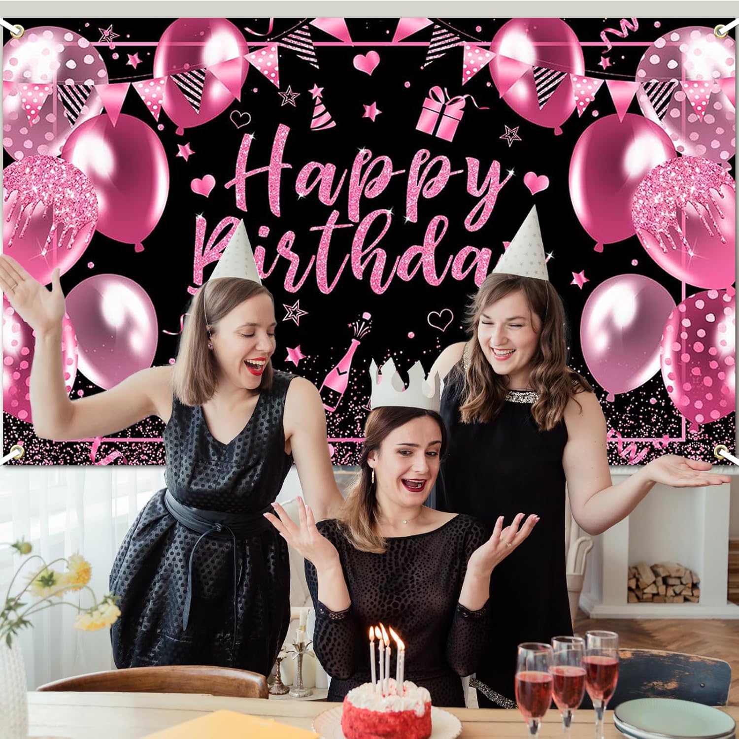 ピンク 誕生日 バナー デコレーション ピンクとブラック Happy Birthdayバナー ピンク 【バウンス】 バースデーパー