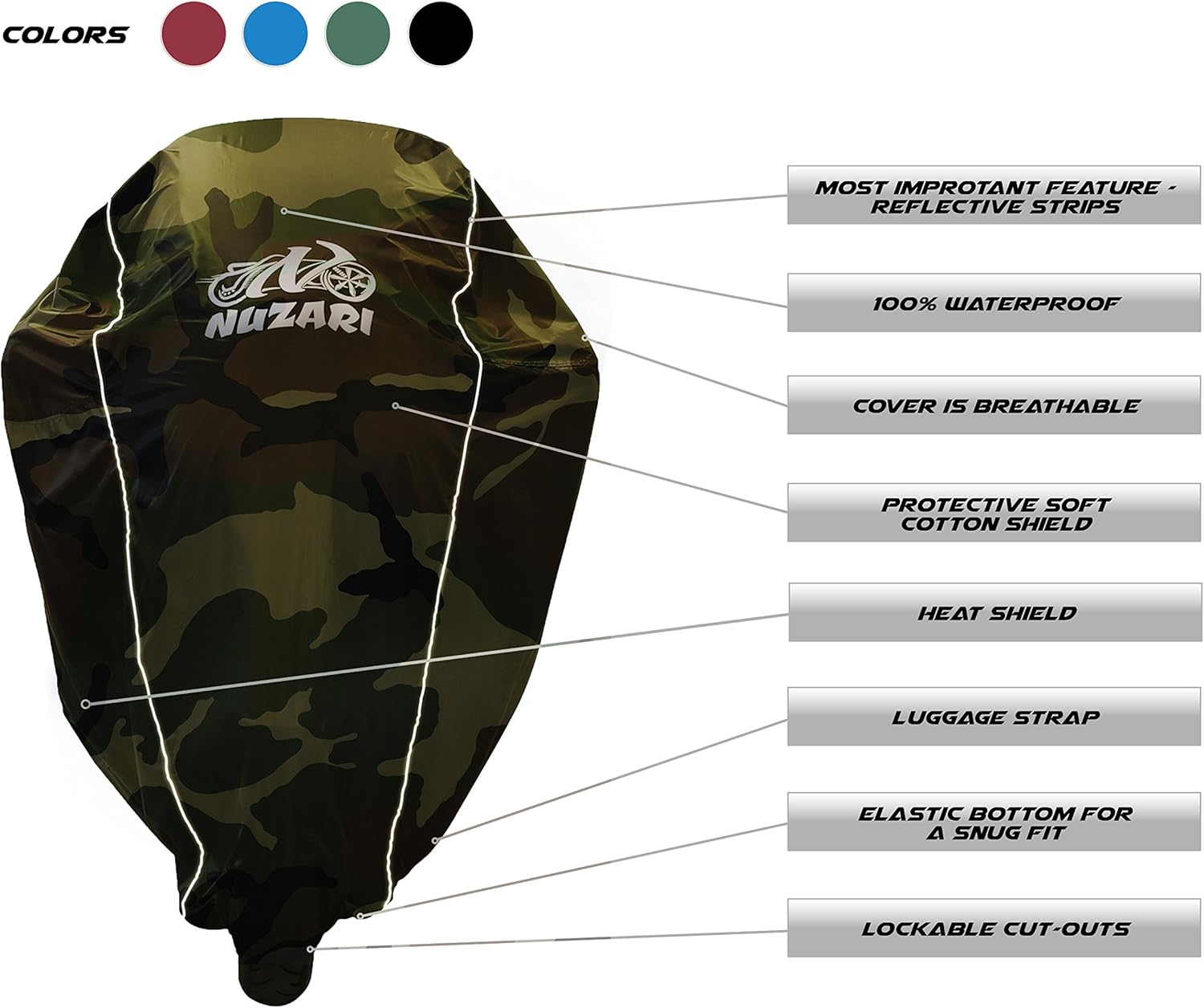 Nuzari Heavy Duty Motorcycle Cover - Motorcycle Covers Waterproof Outdoor Storage - Dirt Bike Covers (Camouflage, Large)