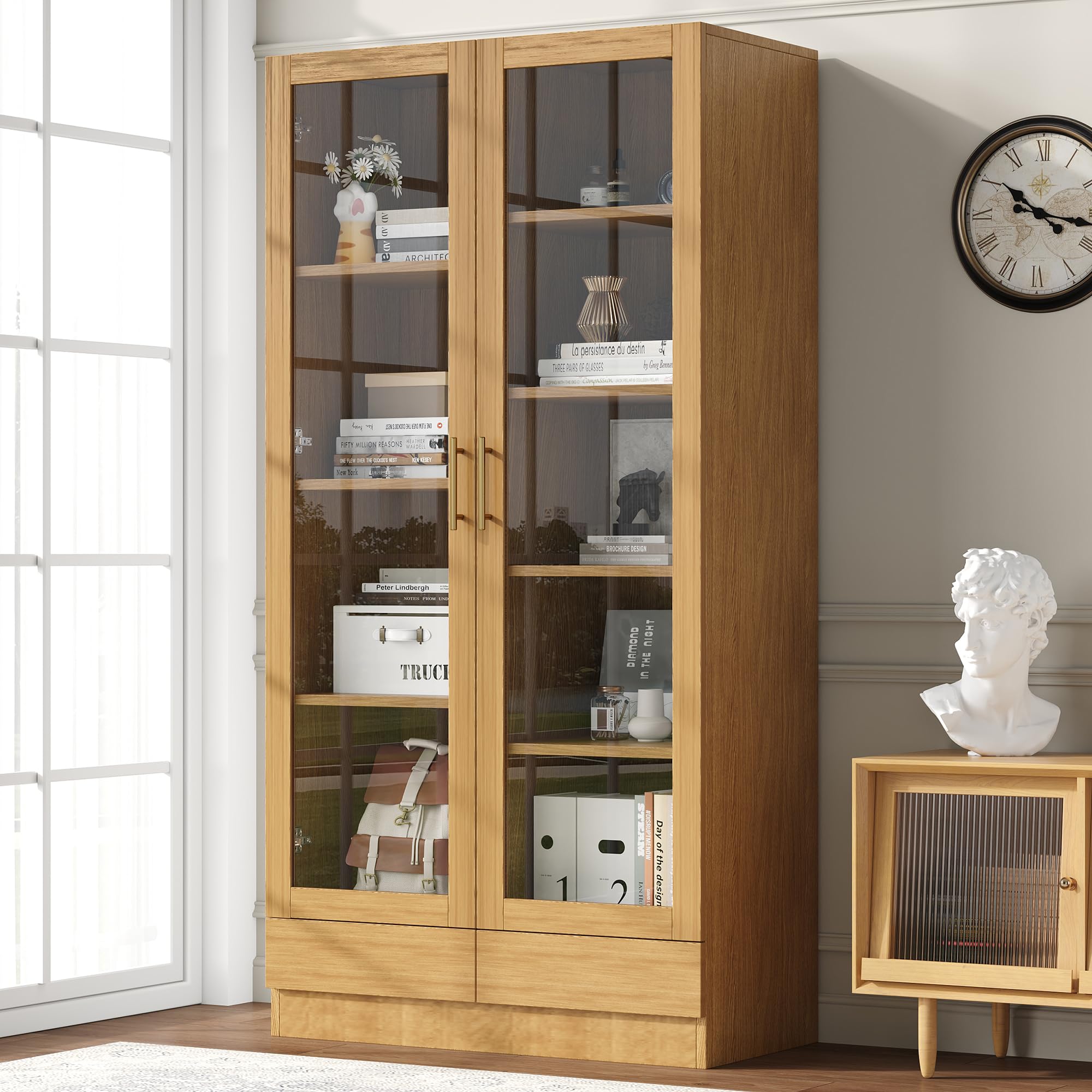 Vitrina de cristal (gabinete de oficina/estantería/archivador/estantería) – estantes escalonados, no ajustables, cajones push to abiertos sin asas, 80 x 40 x 160 cm, color madera