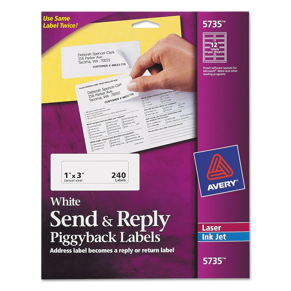Avery 5735 Send & Reply Piggyback Inkjet/Laser Printer Labels, 1 5/8 x 4, White, 240/Pack