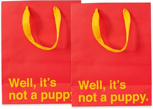 Prank-O Original "Well, Its not a puppy" Satirical Novelty Gift Bags for Holiday Gifting, 2-Pack, 8x10, Satin Ribbon Handles, Add Clever Humor to Birthdays, Funny Birthday Gift Wrap or Gift Bag For Any Occassion, Empty Bag