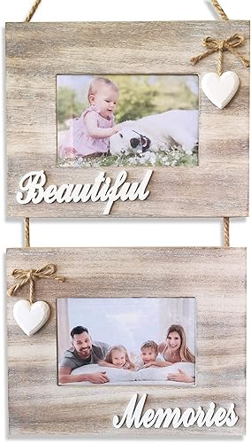 Beautiful Memories - Marco de fotos rústico para colgar dos fotos de 4 x 6 pulgadas. Empaquetado para inspirar y deleitar, decoración de casa de