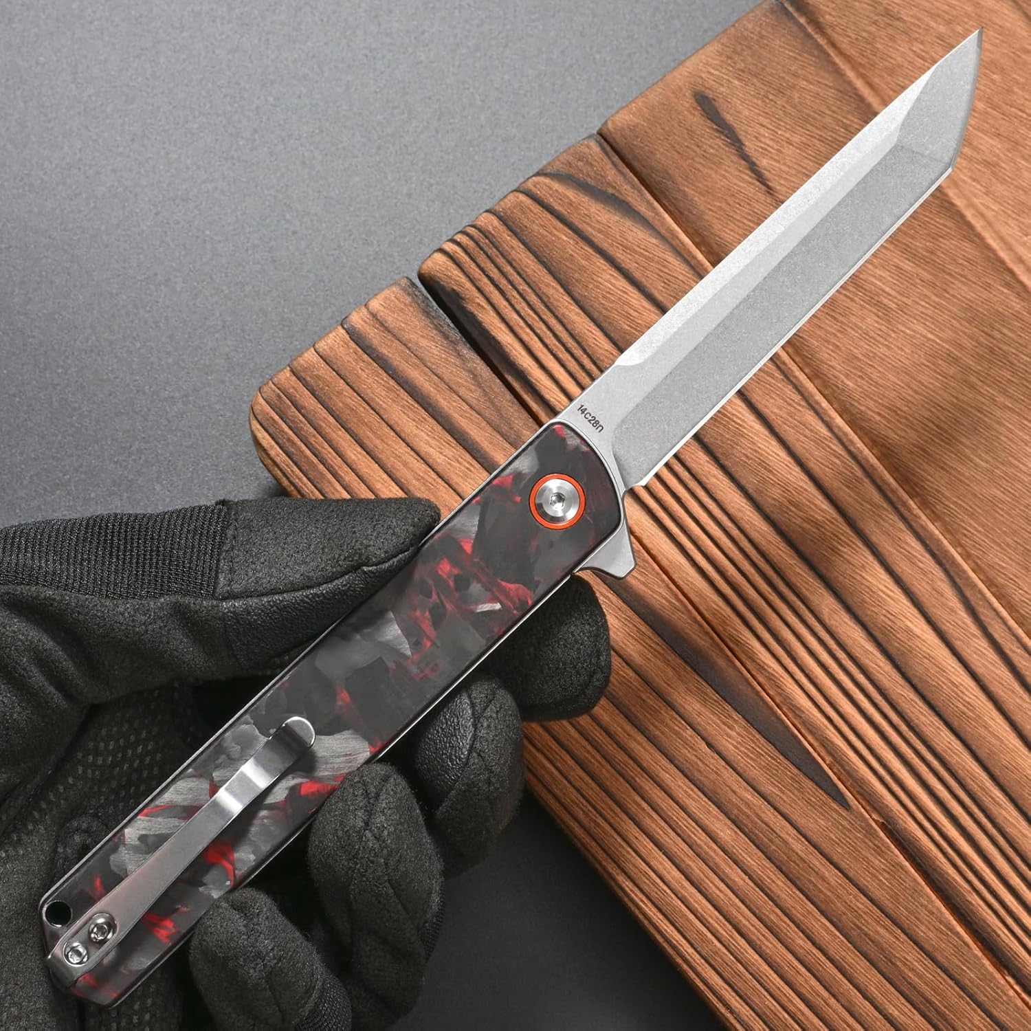 FF8 Folding Knife, 14C28N Steel Blade Carbon Fiber Handle with Pocket Clip for Men Women Outdoor Camping Fishing Working Survival(Red)