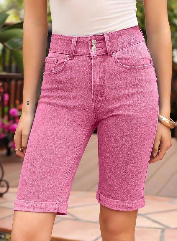 Sidefeel Women's Bermuda Jean Shorts High Waisted Stretchy Dressy Casual Tummy Control Denim Shorts Size 6 Hot Pink by Sidefeel - Used condition - Image 3