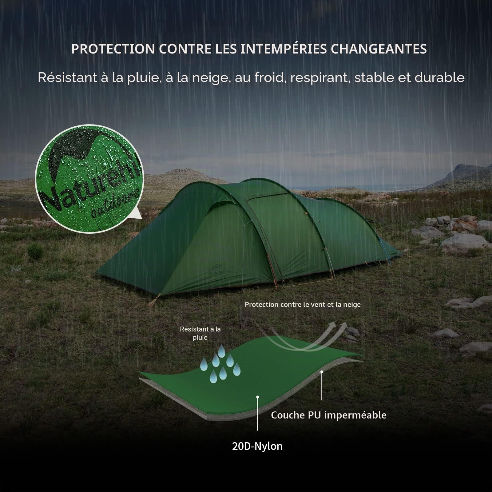 Naturehike Opalus Tente Tunnel 2/3 Personnes Familiale Spacieuse et Légère avec Auvent Sac à Dos 4 Saisons pour Le Camping Backpacking Outdoor