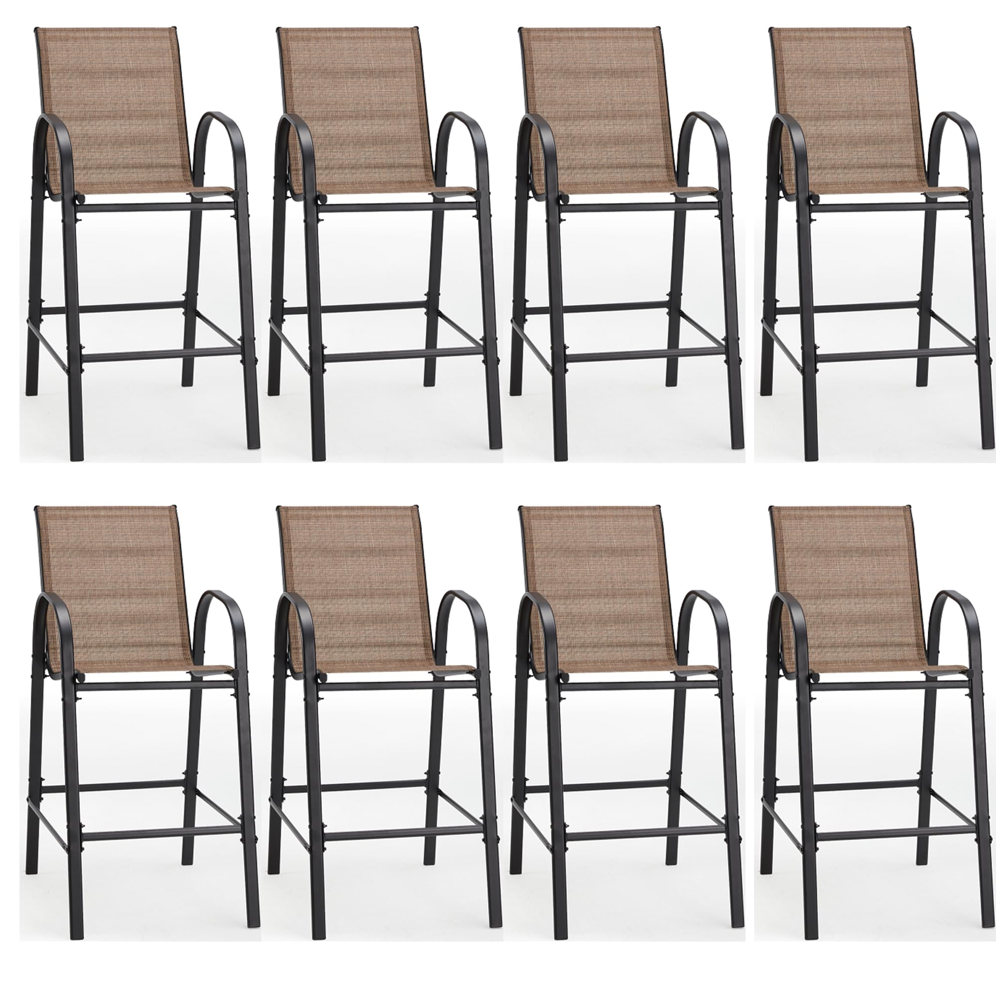HOMREST Outdoor Bar Height Stools Set of 8,High Back Patio Chairs with Armrests,Textilene Chairs with Breathable Fabric &amp; Metal Frame for All Weather,Brown