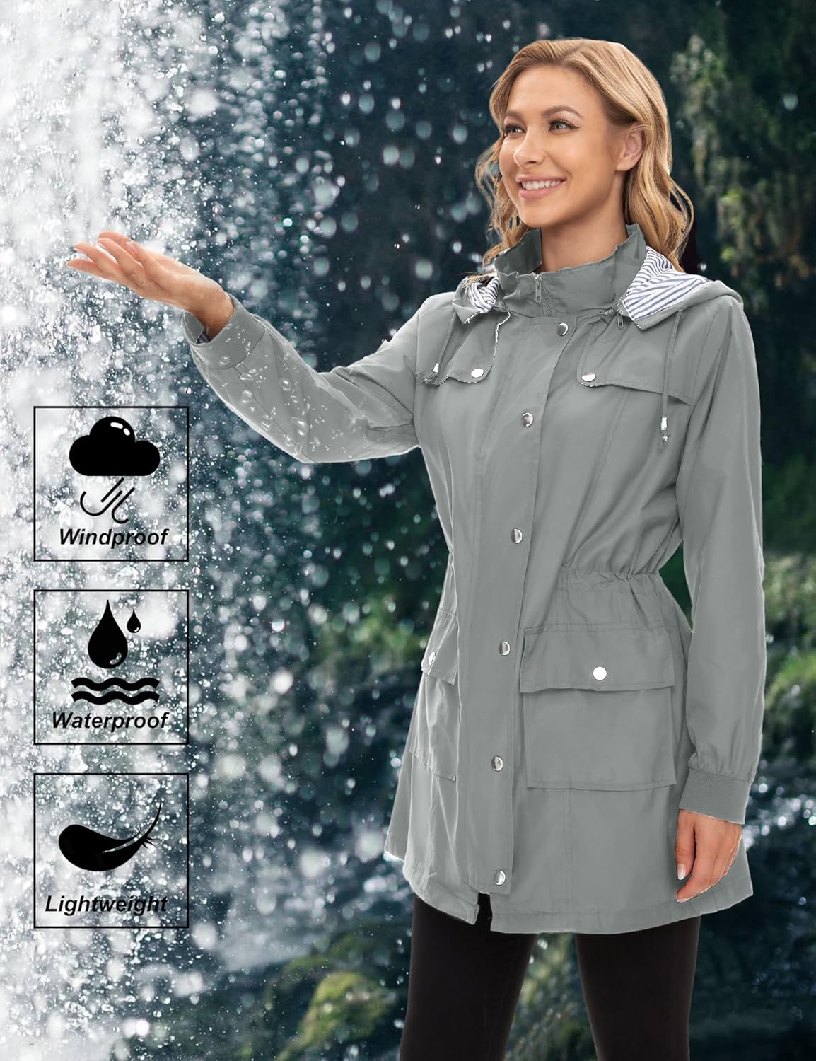 Bloggerlove Rain Jacket Women Lightweight Raincoat Waterproof Windbreaker Striped Climbing Outdoor Hooded Trench Coats S-XXL - Image 4