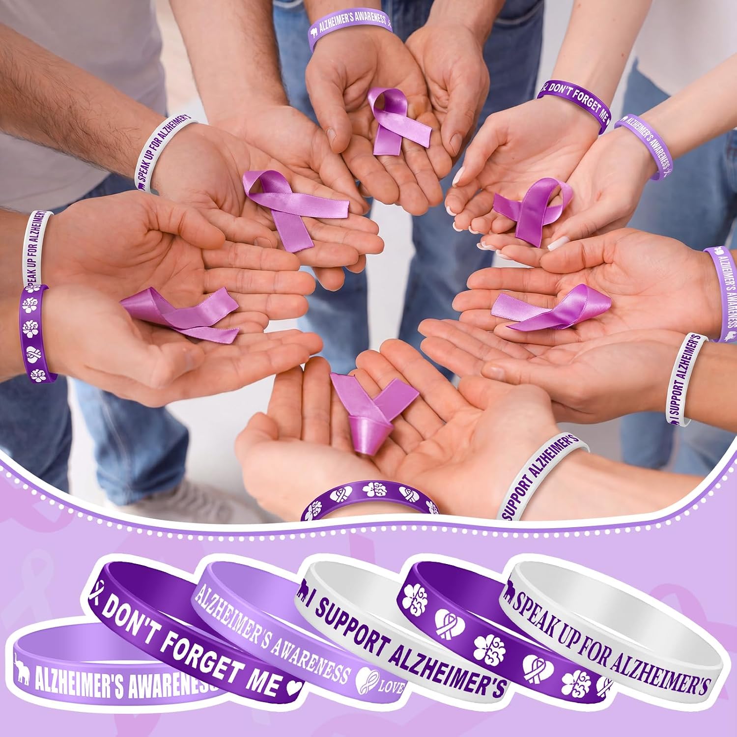 Landical 120 Pcs Alzheimer's Awareness Silicone Bracelets Purple Ribbon Motivational Rubber Wristbands Colored Alzheimer's Awareness wristbands For Event Support Charity Supplies Favor