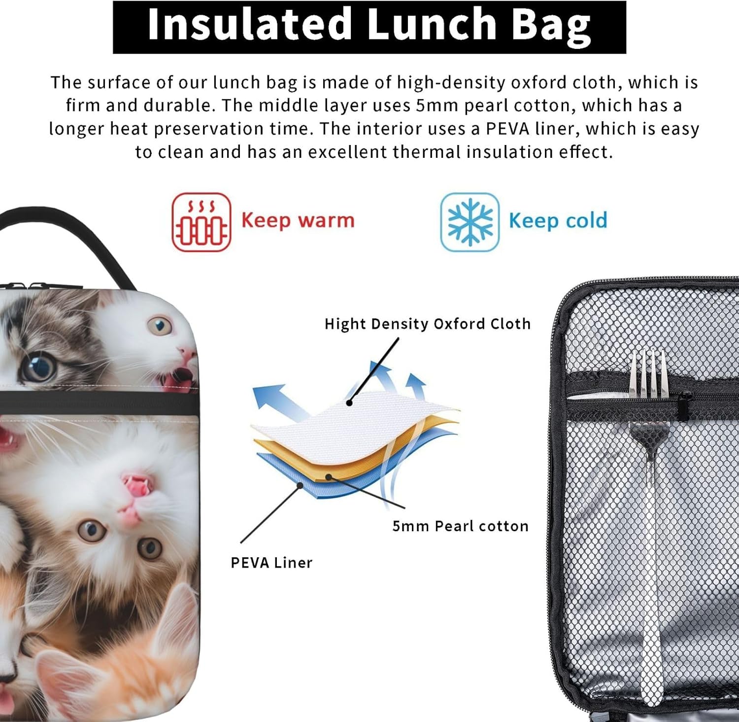 Cute Cat Lunch Box for Kids Girls Boys Kitten Lunch Bag Cooler Tote Reusable Insulated Lunch Bag Container Gifts for Office Picnic Travel Work School - Image 4