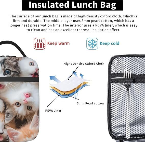 Cute Cat Lunch Box for Kids Girls Boys Kitten Lunch Bag Cooler Tote Reusable Insulated Lunch Bag Container Gifts for Office Picnic Travel Work School