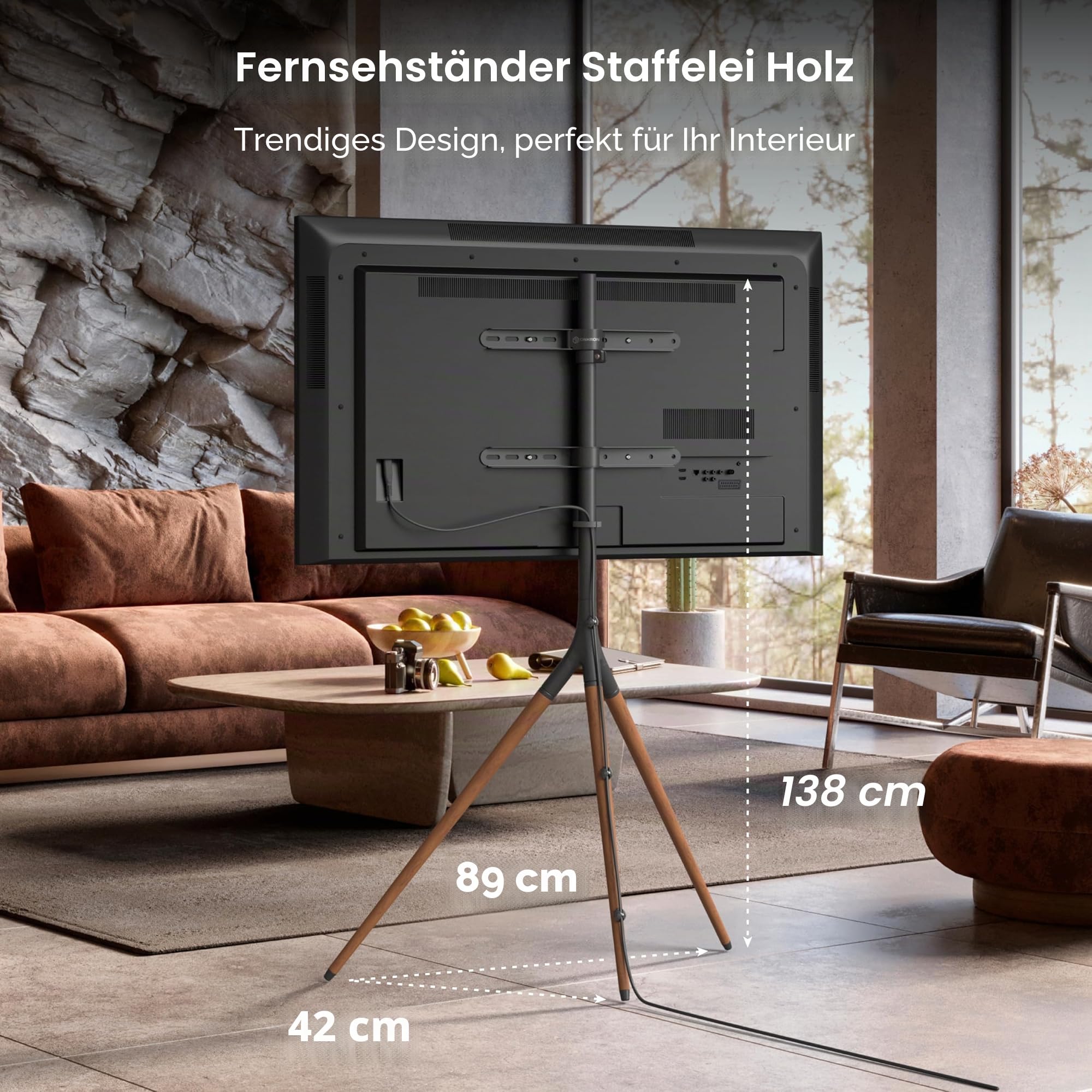 ONKRON TV Staffelei 32-65 Zoll, bis 35 kg, max VESA 400x400, TS1220-B | TV Ständer Dreibein 360° schwenkbar, aus Holz, höhenverstellbar, Hochformat, Kabelclips; für Wohnzimmer, Hotels & Events
