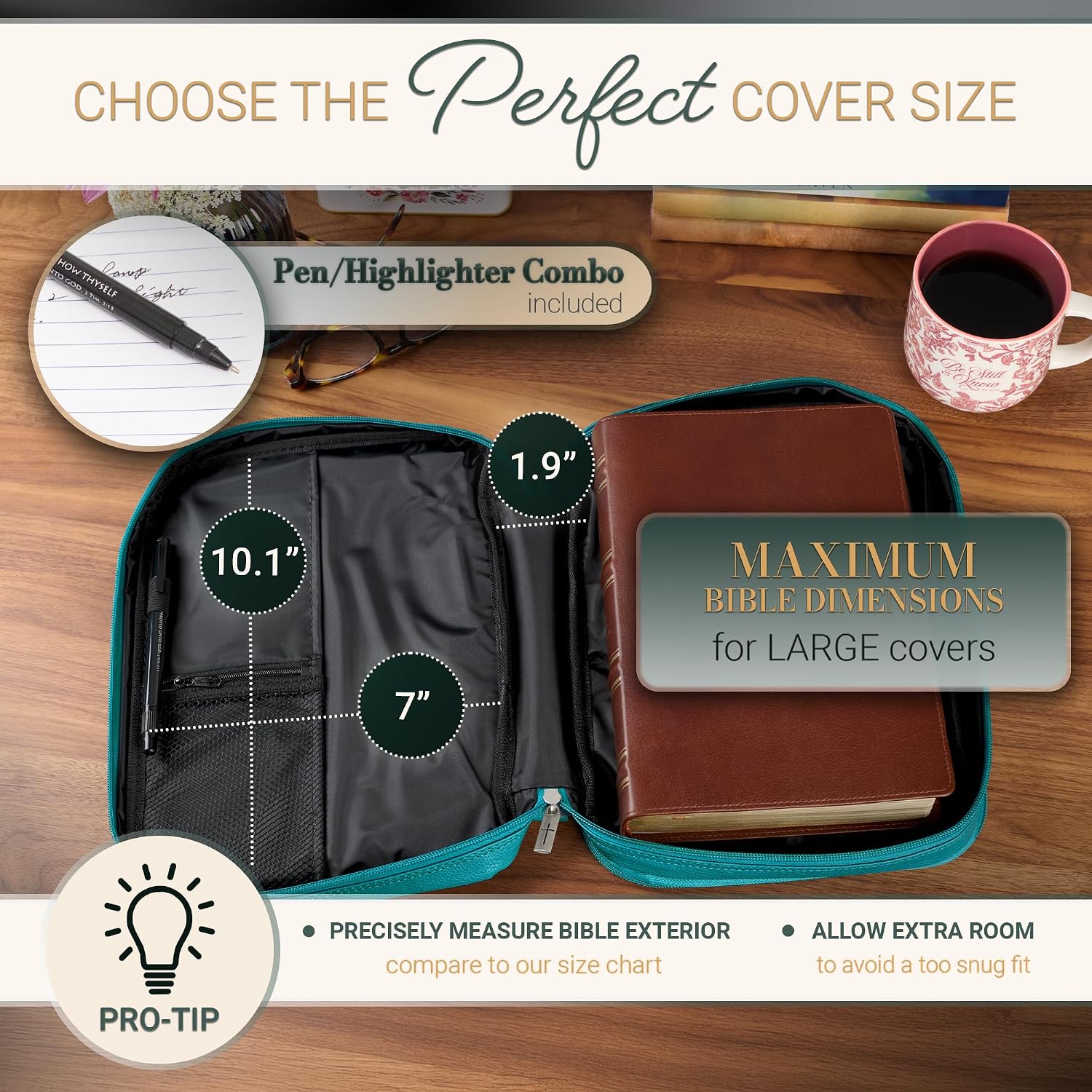 Christian Art Gifts Inspirational Vegan Leather Two-fold Organizer Bible Cover for Women, Jesus Fish Badge, Sturdy Carry Handle, Pen Loops, Pockets, Pen/Highlighter Combo & Notepad, Turquoise, Large