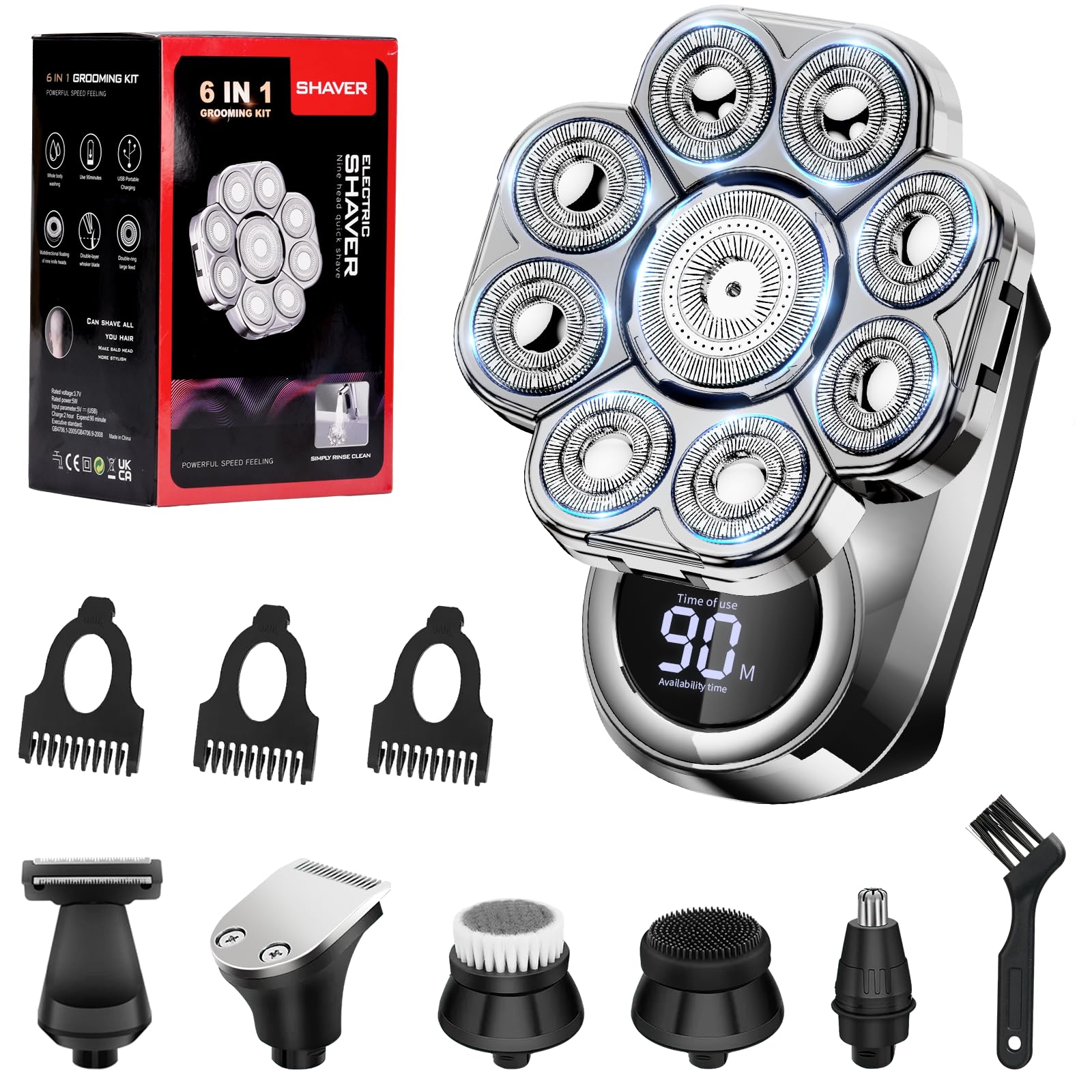 IPX7 Waterproof Wet & Dry Use Rechargeable 9D Razor Versatile 9D Floating Beard Trimmer Multifunction 9D Independent Floating Head Grooming Kit Quick Shave