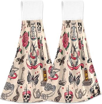 2 Pack Kitchen Towels Tattoo Print Hanging Towel Soft Highly Absorbent Hand Towels for Kitchen Bathroom 12x17 Inches