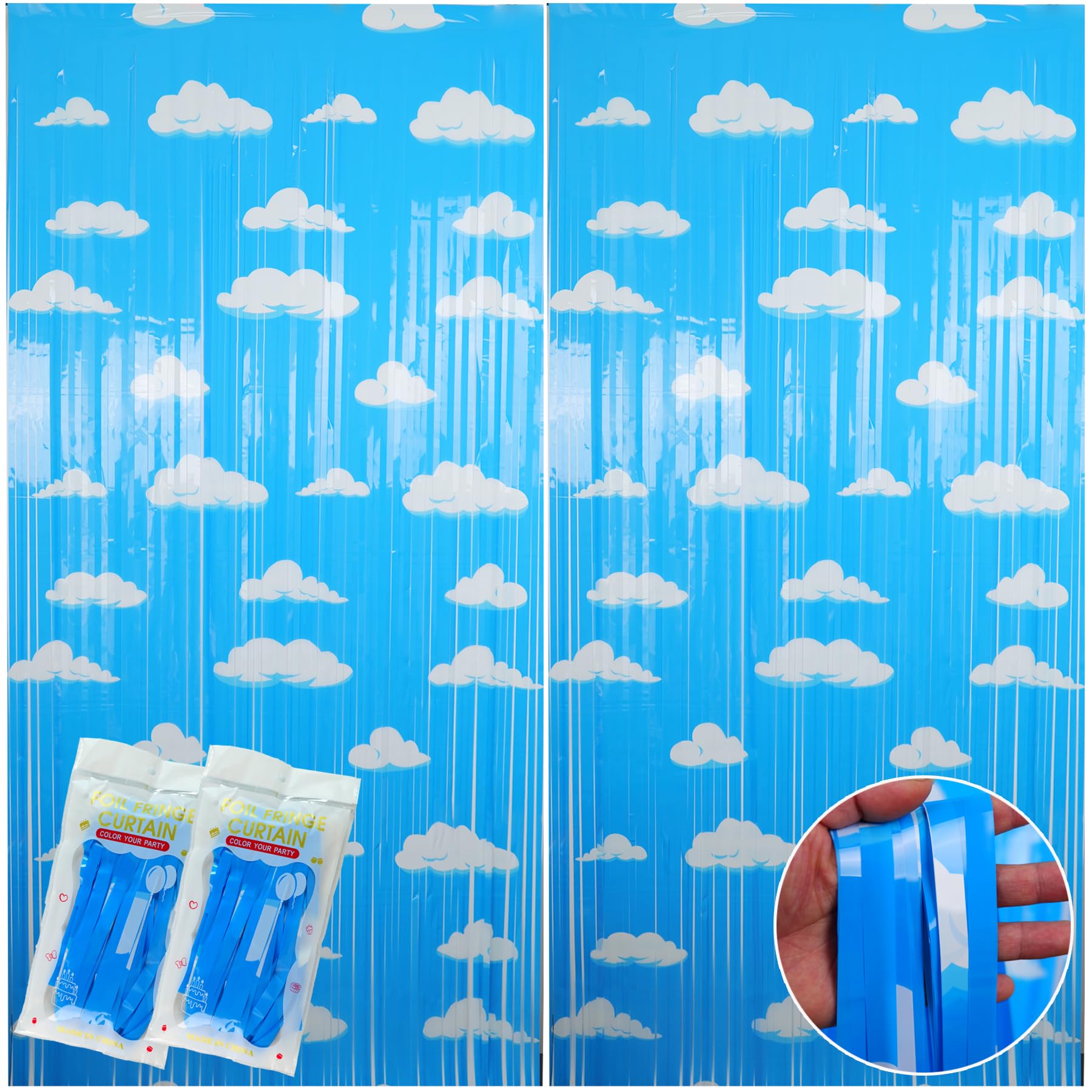 2Pcs Blue Sky White Clouds Party Background Decorations,Toy Cartoon Story Backdrop Photo Props Theme Tinsel Foil Fringe Curtains,Cartoon Clouds Theme