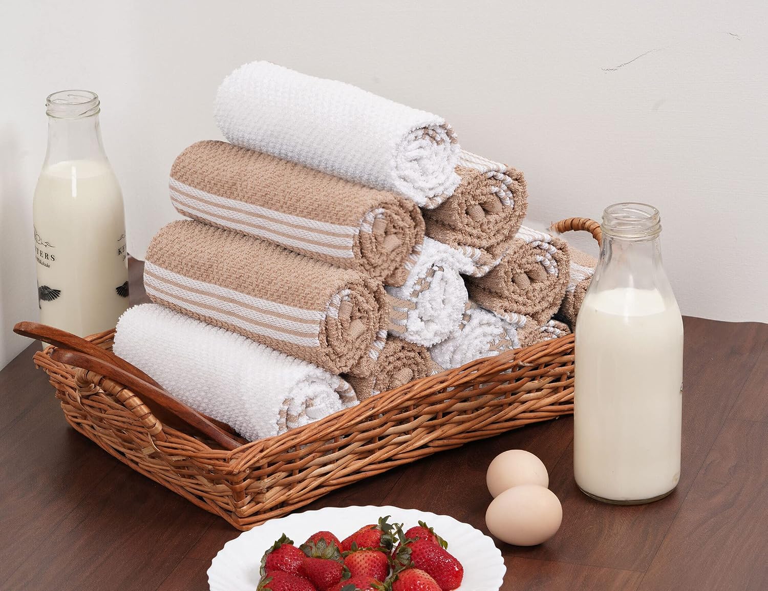 DAILY HOME ESSENTIALS - 4 Pack Cotton Terry Kitchen Dish Towel Set (16x26 Inches - Beige, Ribbed Design) |Super Soft and Highly Absorbent|Perfect for Everyday Household & Commercial Use