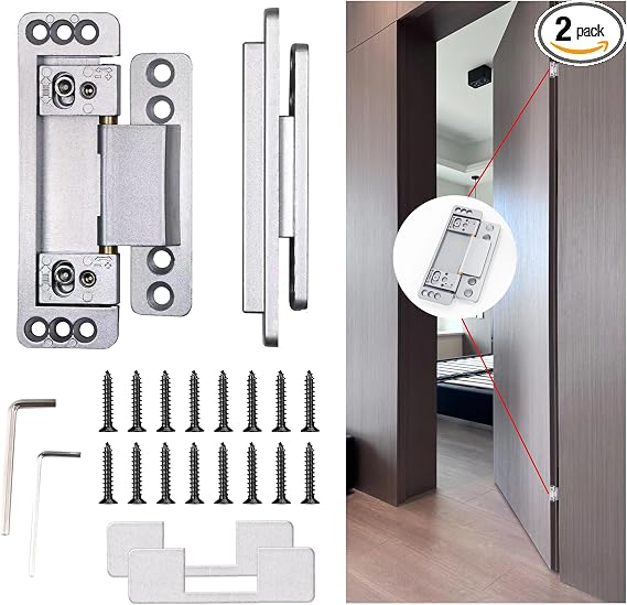 MENGSHI Hidden Door Hinges Ultra-Thin Invisible Hinge for Secret Door Heavy Duty Concealed Hinges Adjustable Butt Hinges 2 Pack - Sliver
