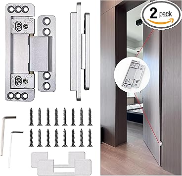 MENGSHI Hidden Door Hinges Ultra-Thin Invisible Hinge for Secret Door Heavy Duty Concealed Hinges Adjustable Butt Hinges 2 Pack - Sliver