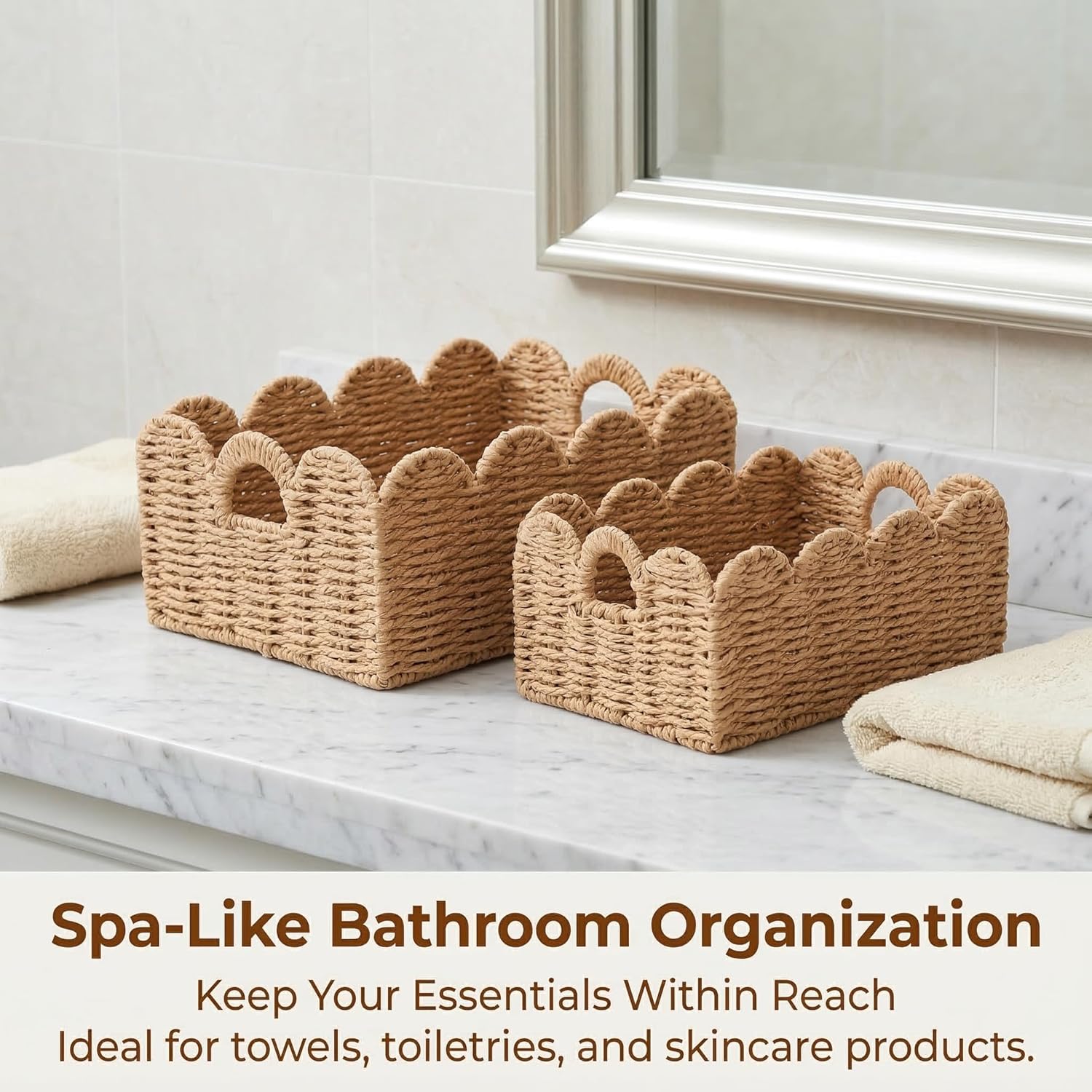 Scalloped Wicker Baskets, Set of 3 Hand-Woven Storage Baskets with Handles - Paper Rope Shelf Organizers & Decorative Baskets for Shelves, Closet, Bathroom (Tan）