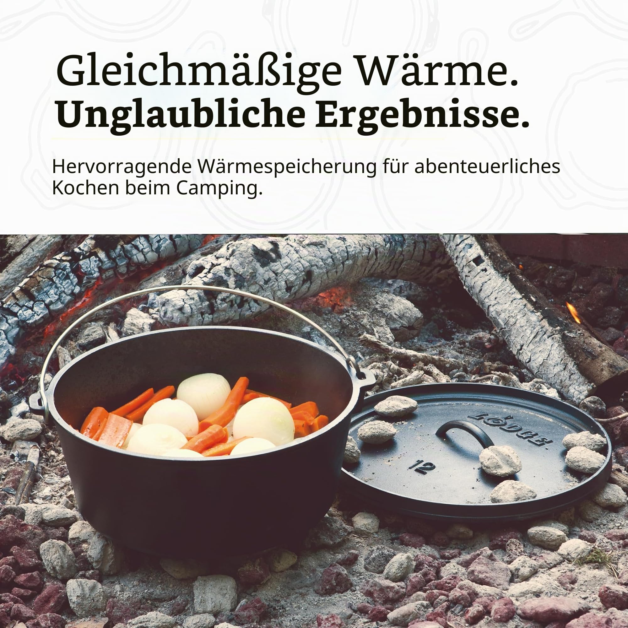 Lodge Camp Dutch Oven Classic, 30,5 cm, Gusseisen, 4 Standfüße | Feuertopf, 100% natürlich eingebrannt, für Lagerfeuer & Outdoor-Küche, schwarz, gleichmäßige Wärmeverteilung
