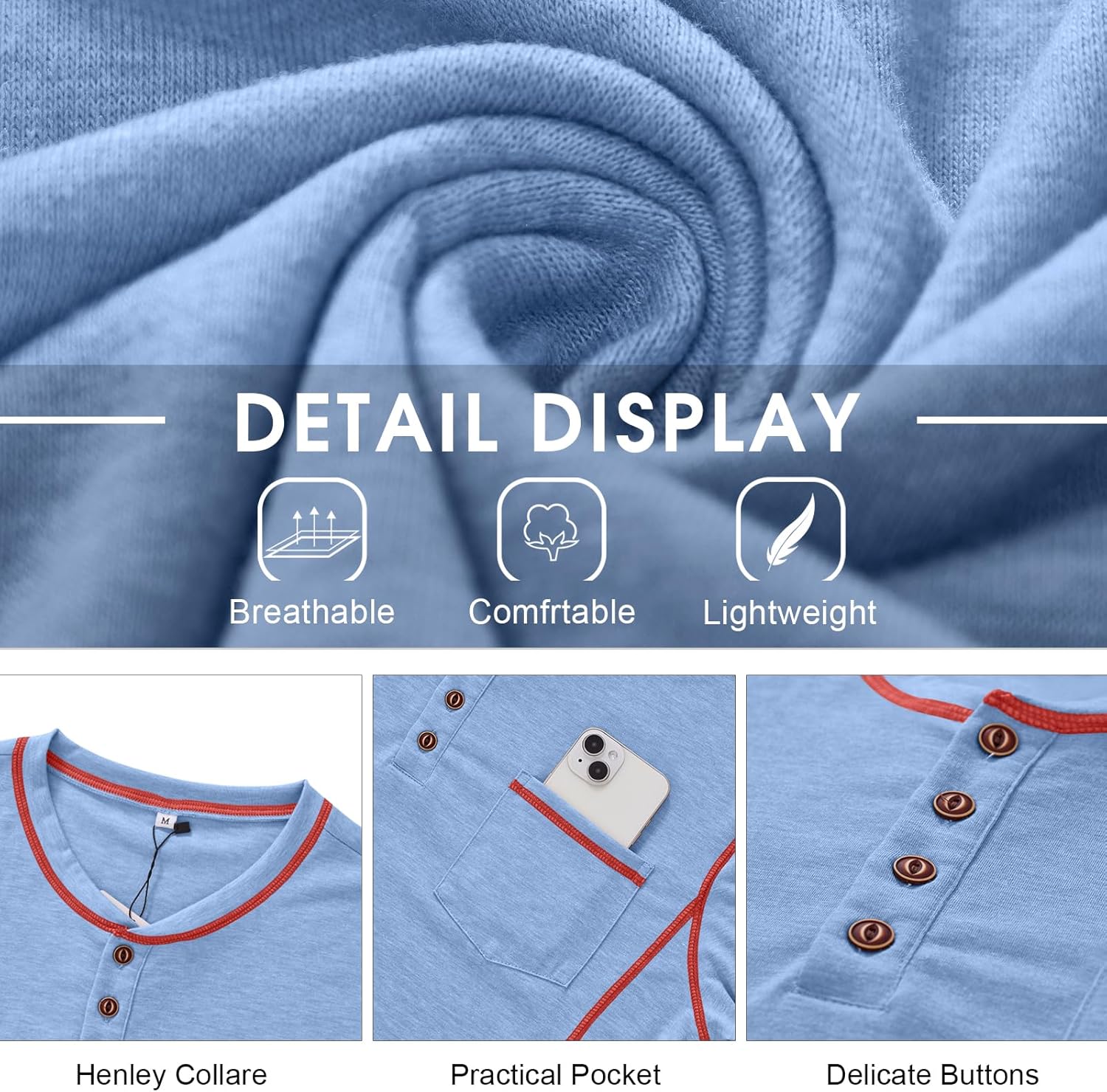 Angbater Men’s Henley Shirts Short Sleeve Casual Button Basic Tee Shirts Summer Lightweight T Shirts with Pocket - Image 5