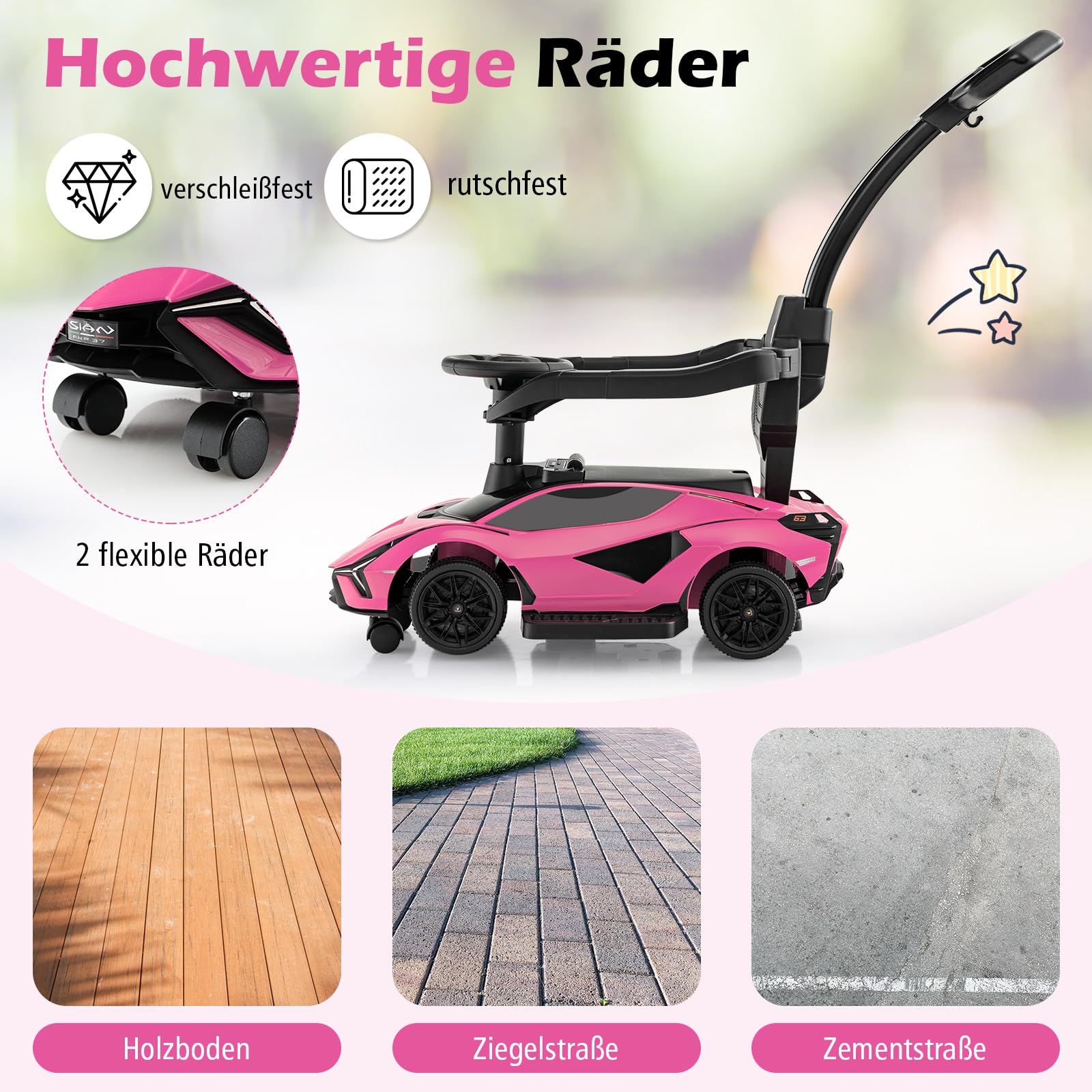 COSTWAY 3-in-1 Lamborghini Rutschauto, Schiebauto mit Scheinwerfern & Musik & Stauraum, Rutschfahrzeug mit abnehmbaren Schiebegriff & Universalrädern, Rutscher Auto für Kinder ab 1 Jahr (Rosa)