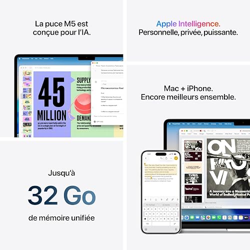 Apple MacBook Air 13 Pouces Portable avec Puce M5 : Conçu pour l’IA, Écran Liquid Retina 13,6 Pouces, Mémoire unifiée 16 Go, SSD 1 to, Caméra Center Stage 12 MP, Touch ID, Wi-FI 7 ; Minuit - 5