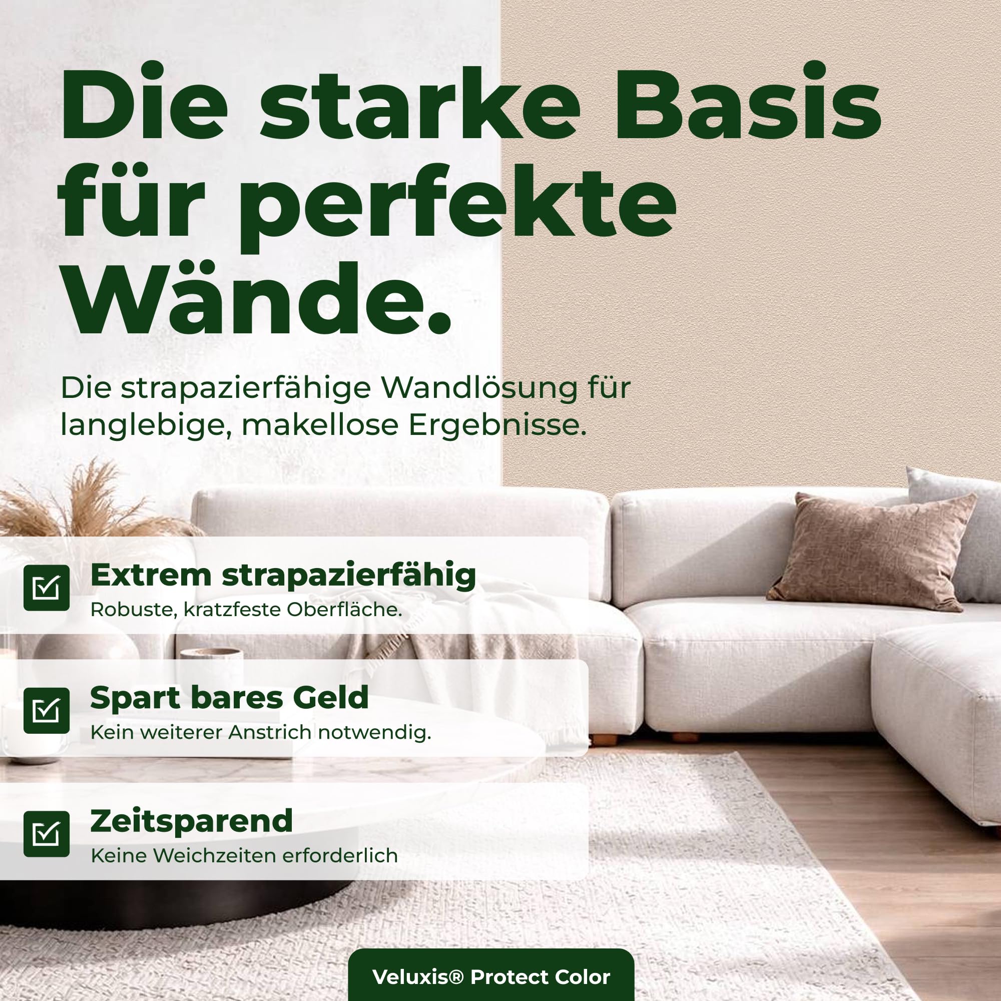 Vliestapete 4er-Set PROTECT COLOR Beige – 10,05 m × 0,53 m | kein Anstrich notwendig, kratz- & stoßfest, rissüberbrückend, Made in Germany