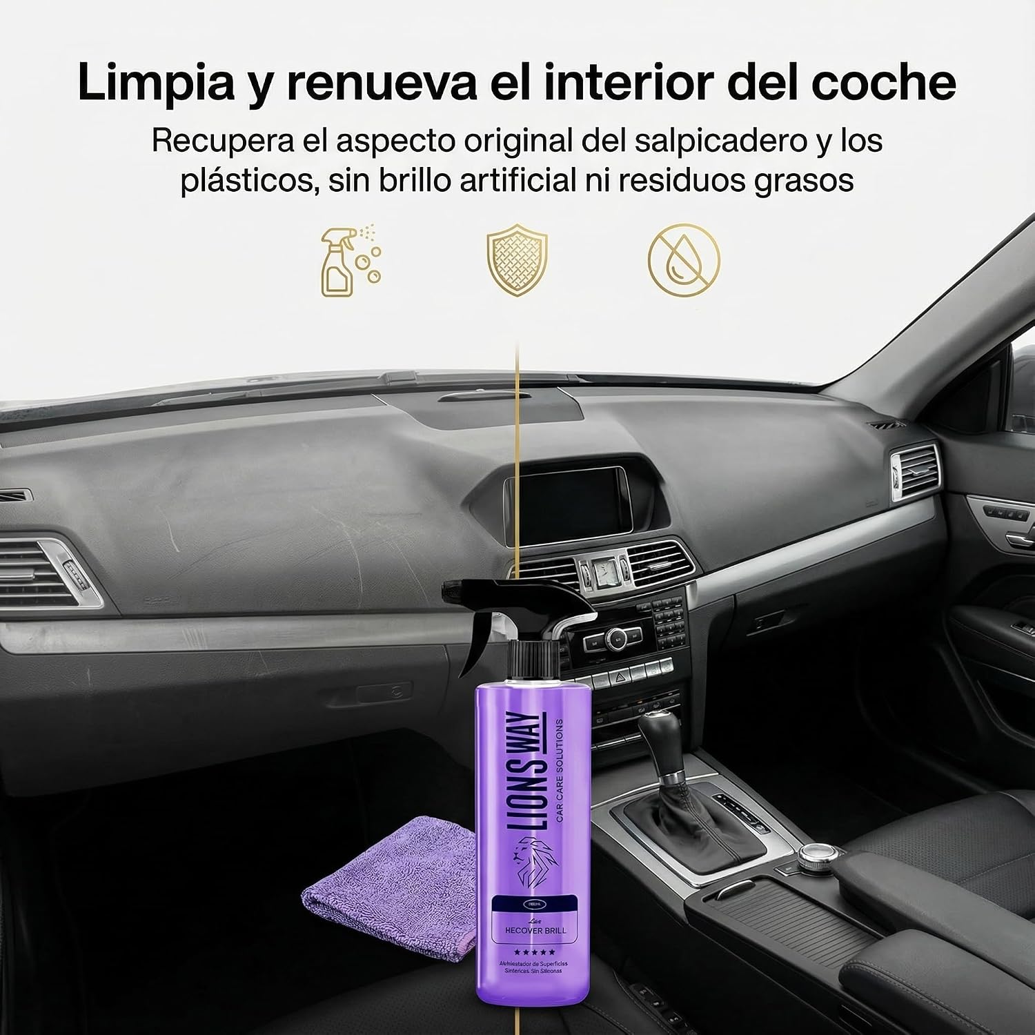 LionsWay: Limpiador de Salpicaderos Interior Coche 500ml + Bayeta | Limpia, Restaura y Per - Mise en situation et utilisation