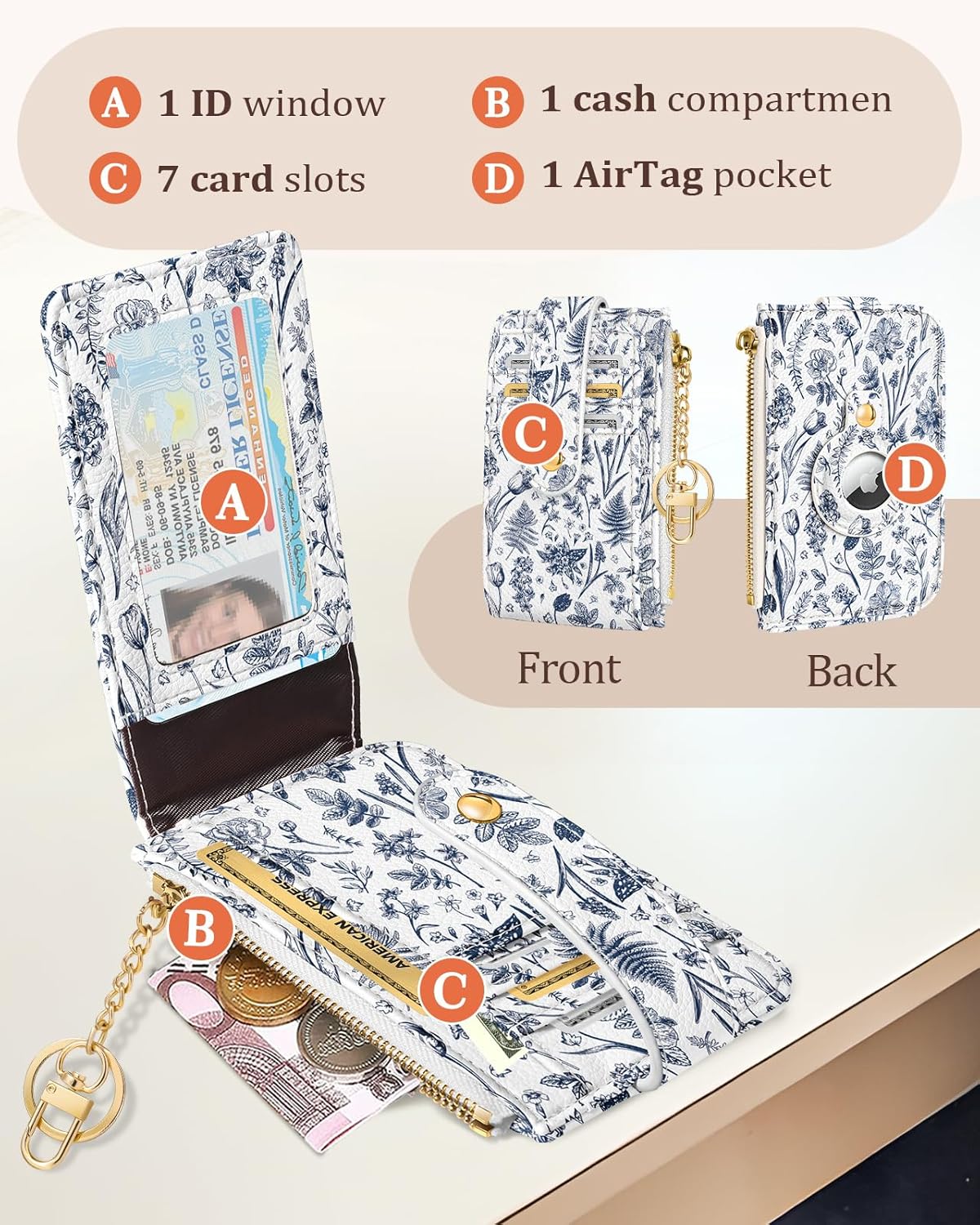 Cute Card Wallet Women with AirTag Holder - Line Flower Genuine Leather Small Wallets with Keychain RFID Credit Cardholder Air Tag Aesthetic Coin Purse for Female Ladies Teen Girls - Image 4