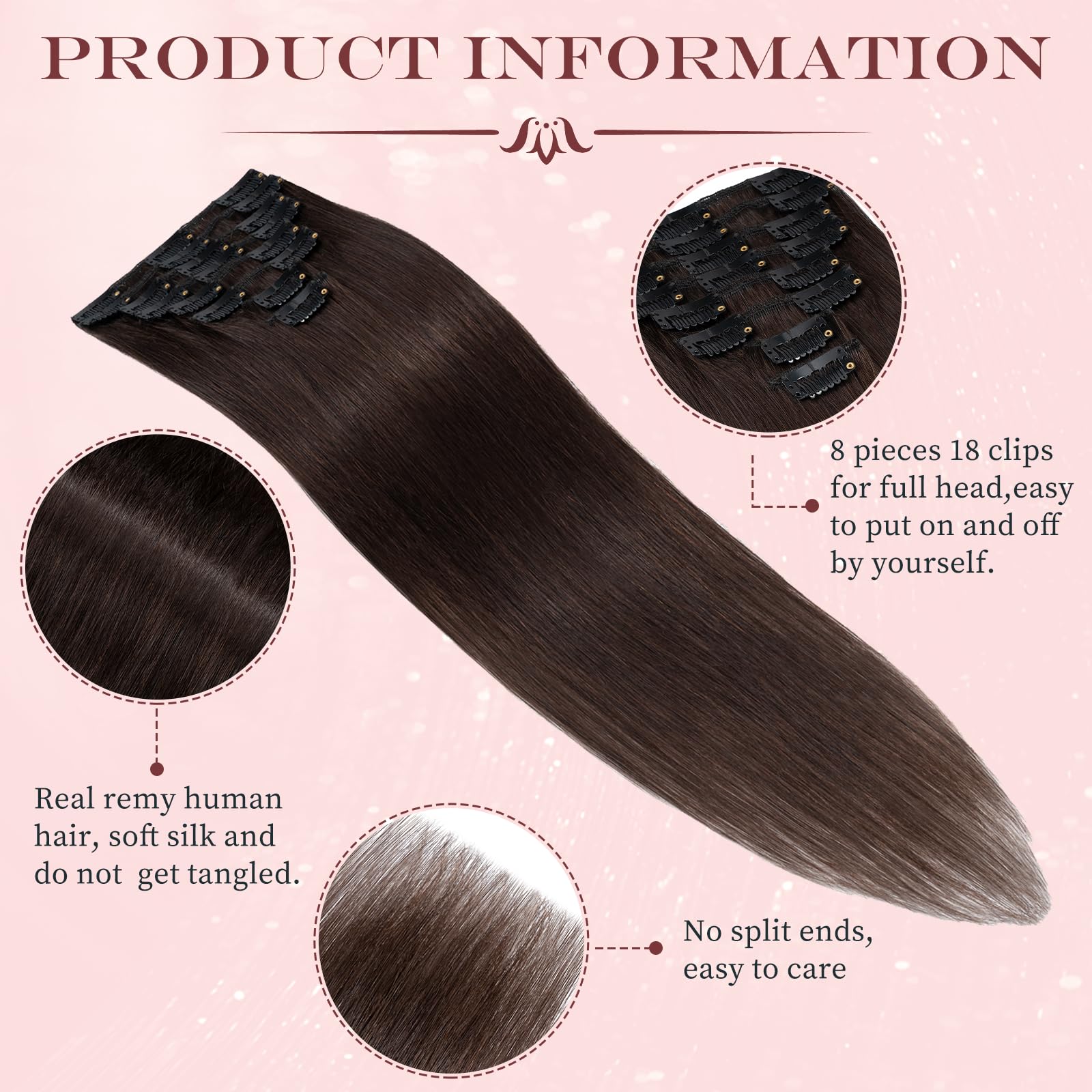 UK-Fashion-Shop Clip in Hair Extensions Real Human Hair Brown Remy Hair Extensions Clip in 8Pcs Seamless Skin Weft - Image 4
