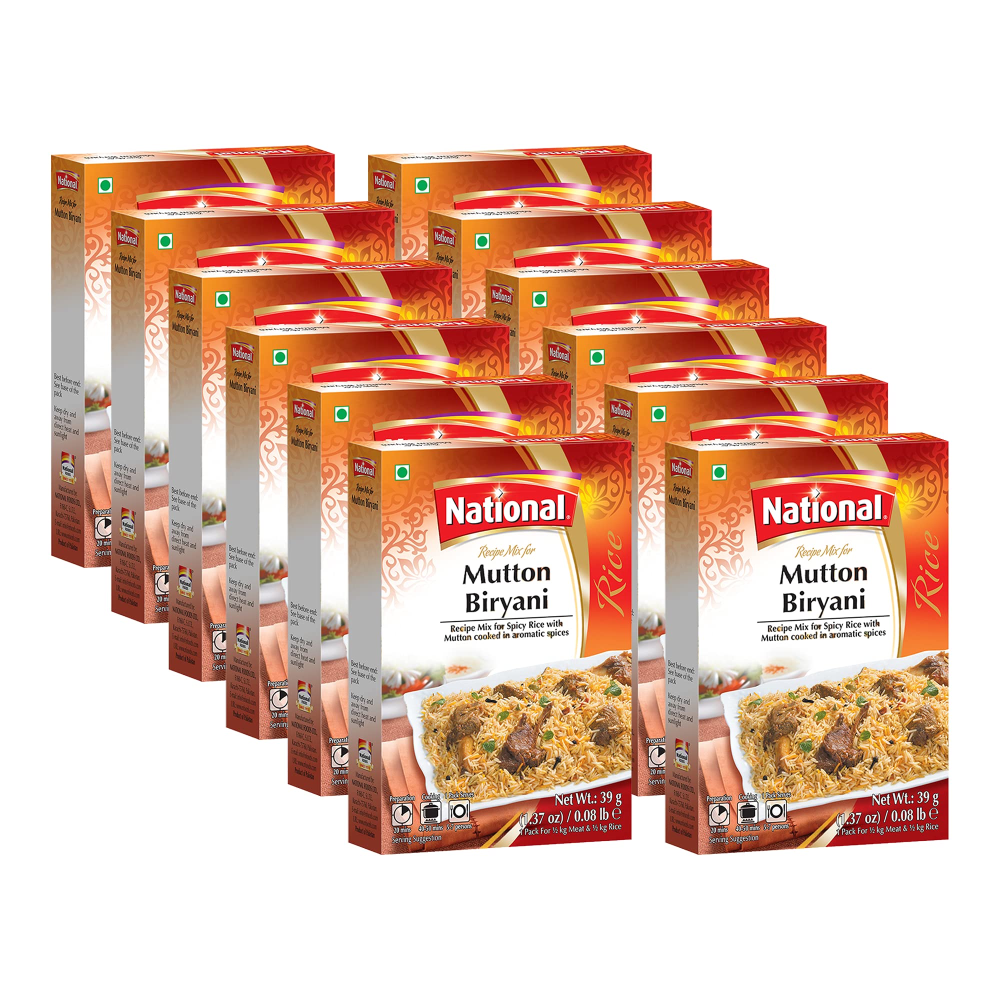 National Foods Mutton Biryani Recipe Mix 1.37 oz (39g) | South Asian Mixed Spice Powder | Meat Layered Pilaf | Traditional Food | Box Pack (Pack of 12)
