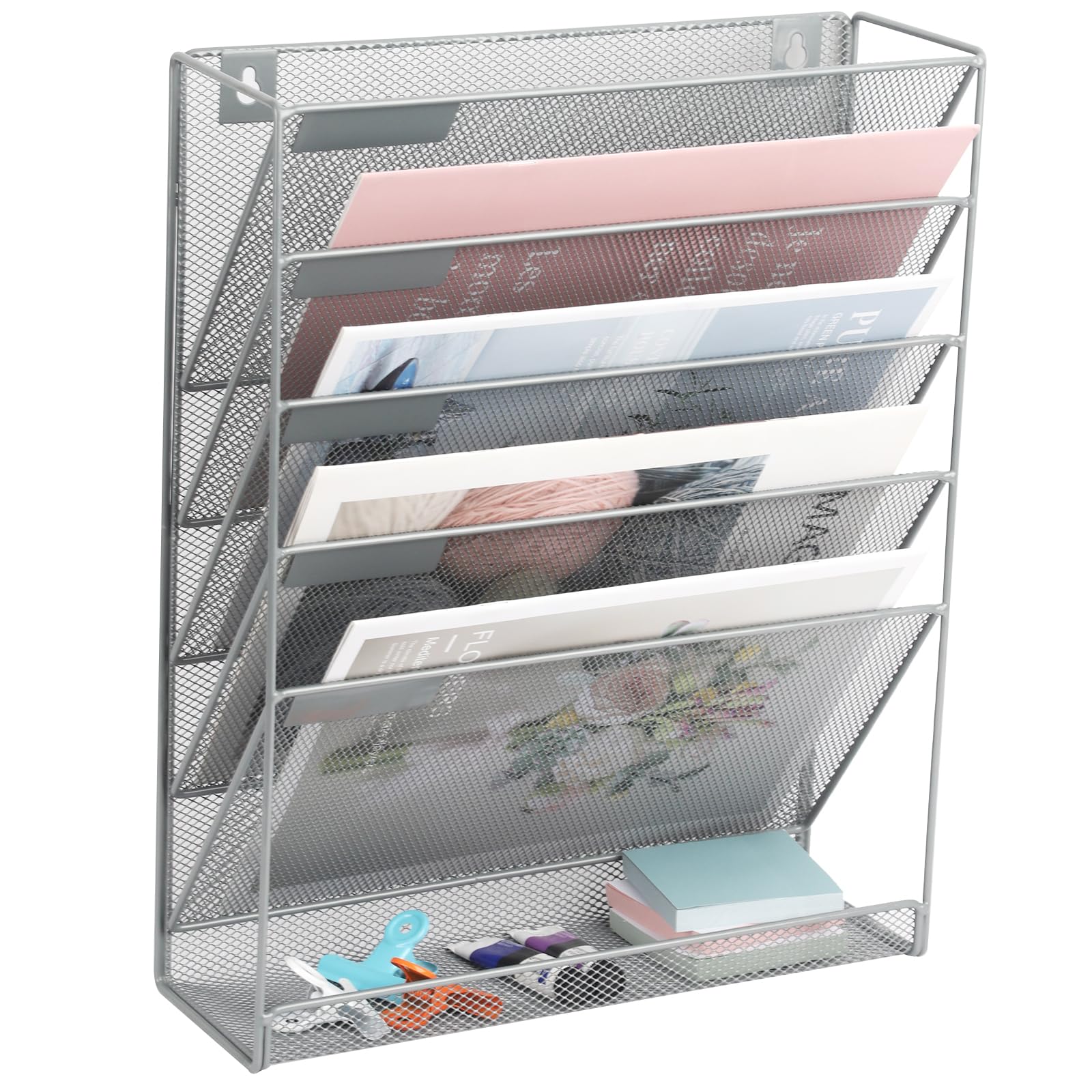 EASEPRES Desk File Organizer Mesh 6-Tier, Hanging Wall Mount Document Organization Stand, Desktop Vertical Mail Paper Folder Holder Rack with Bottom
