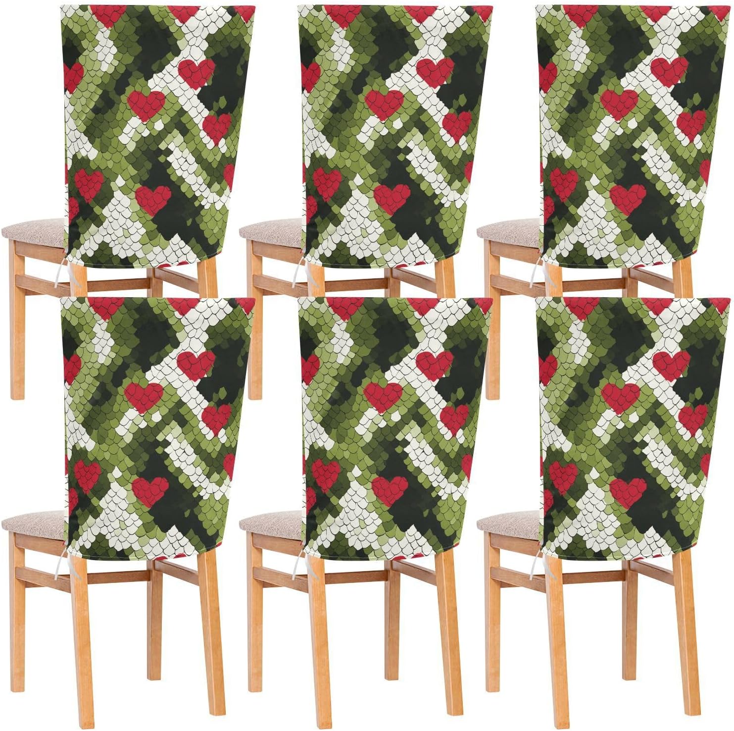 ALAZA Hearts Green Snake Pattern Chair Back Cover Set of 6, Washable Reusable Removable Chair Slipcovers Decorative Chair Cover for Home Kitchen Wedding Party