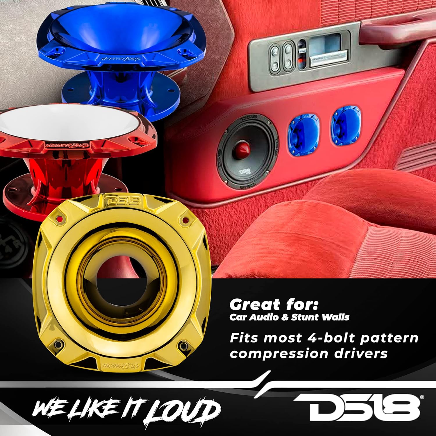 DS18 PRO-HP52/CRDWH 2" Exit Horn Waveguide Plastic Horn - 2.6" Depth Shorter Style - Fits most bolt on Compression Drivers - UV Resistant Chrome Finish - Red/White Chrome Color (Single)