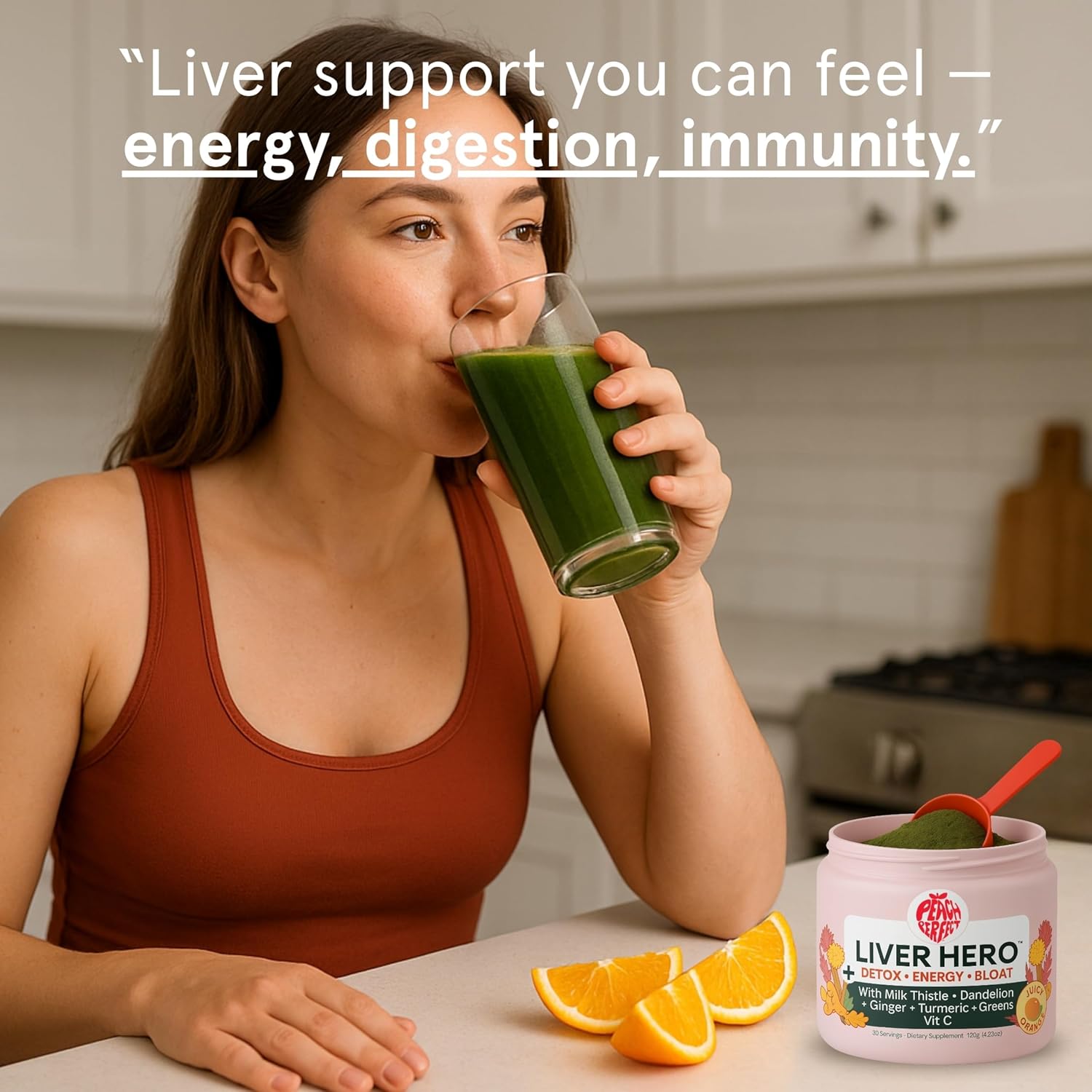 Peach Perfect Liver Hero – Premium Liver Detox and Bloat Support Powder for Women | Milk Thistle, Dandelion, Turmeric, Ginger, Chlorophyll and Vitamin C | Daily Energy, Digestion and Skin Clarity | Juicy Orange Flavor – 30 Servings - Image 5