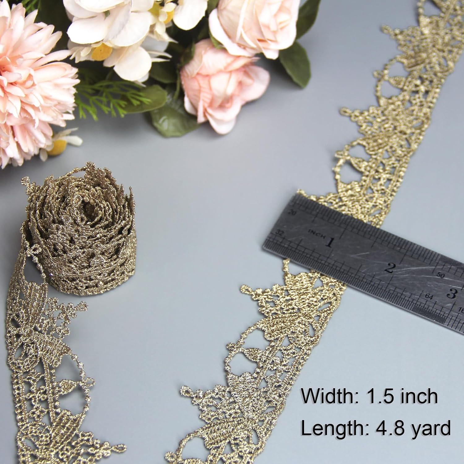 Gold Lace Trim Ribbon for Crafts,Golden Lace for Borders Indian,Fabric Ribbon,Border for Sewing,Decorative DIY,Curtains,Dresses,Gowns,Weddings,Party(4.8 Yards)