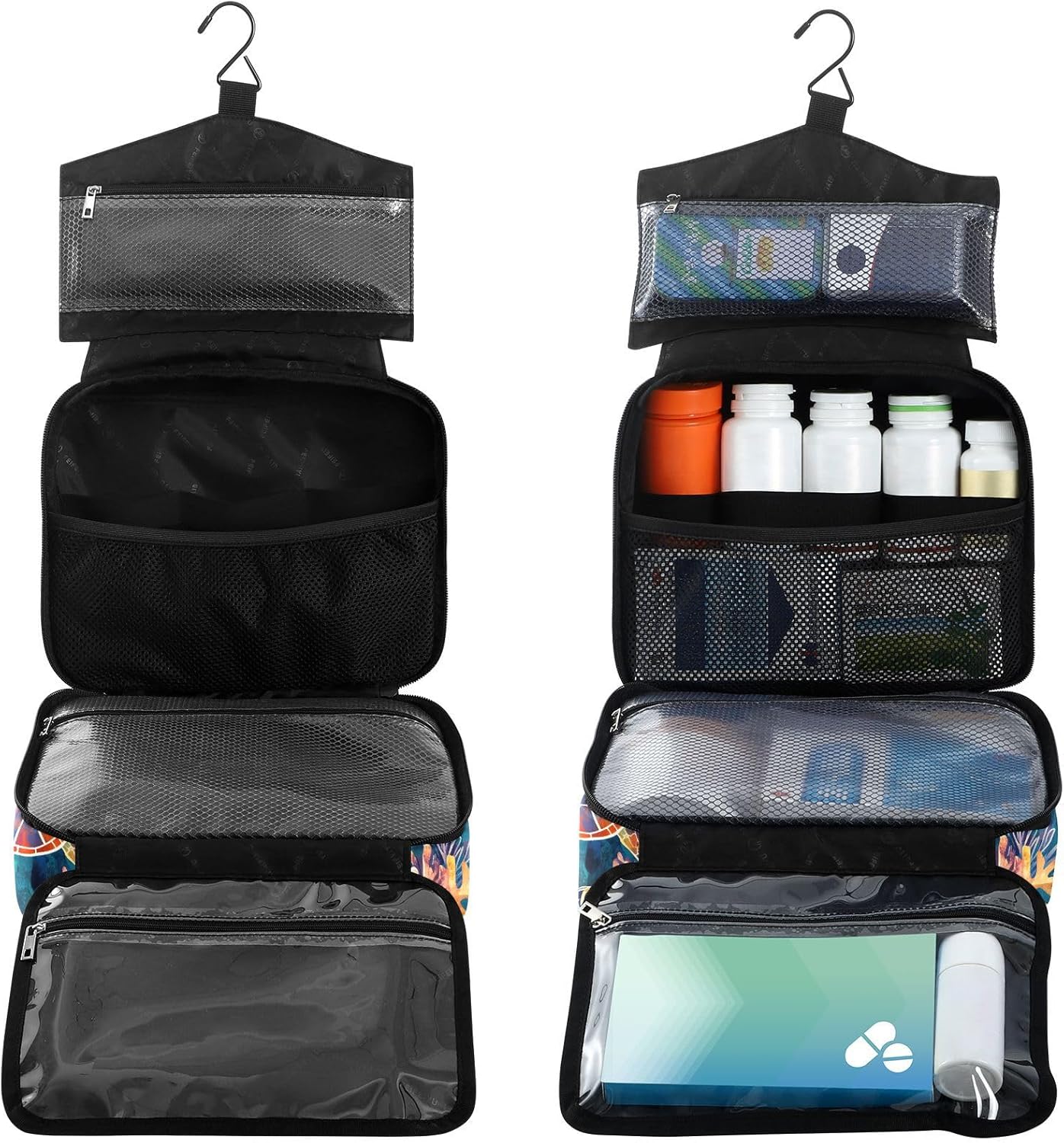 Fustylead Hand Draw Sea Turtle and Fish Coral Pill Organizer Bag Large Medicine Travel Carrying Case with Zipper for Vitamin Supplements Fish Oil, Empty First Aid Kit for Hiking Camping