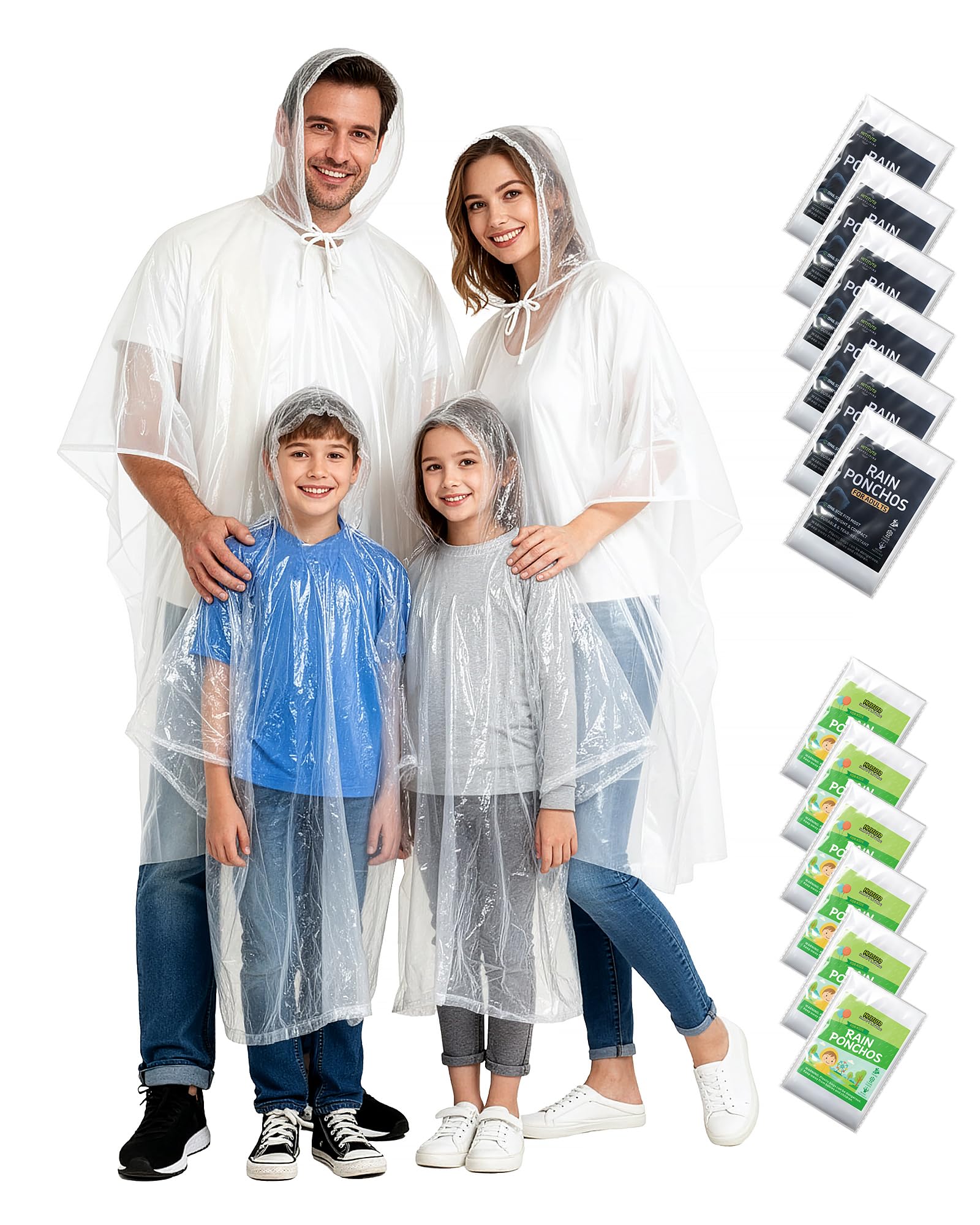 Hitituto Rain Ponchos Family Pack Kids– 6/12/24 Pack Disposable Poncho with Hood, Clear &amp; Assorted Colors, Home Survival Kits