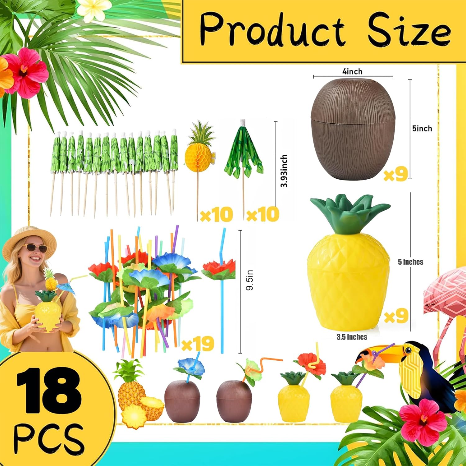 Haundry 18 Coconut Pineapple Cups with 18 Straws, 18 Cocktail Drink Picks, Hawaiian Luau Tiki and Beach Theme Party Decorations for Kids and Adults, Flower
