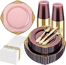 Hioasis 175pcs Burgundy and Gold Plastic Plates - Elegant Disposable Dinnerware Set Suitable for 25 Guests Include 10.25" Dinner & 7.5" Dessert Plates, Cutlery, Napkins, Cups for Party