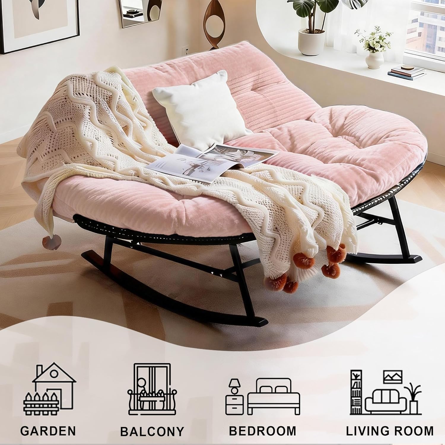 Double Outdoor Rocking Papasan Chair, 2-Person Oversized Loveseat Rocker with Thickened Soft Cushion & Rattan Wicker Frame for Patio, Garden, Balcony Relaxation (Plush-Pink)