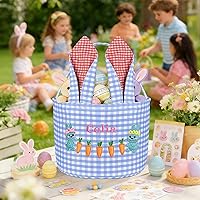 Vista 5 de Cesta de Pascua, cestas de conejo de Pascua, cesta portátil para búsqueda de huevos para recuerdos de fiesta y regalos, lindo conejo azul