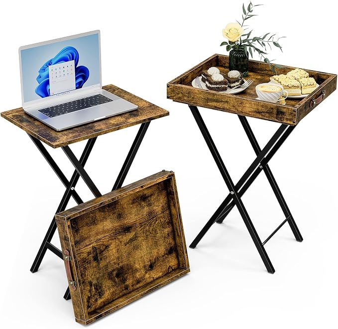 TV Tray Tables Set of 2 TV Trays with Removable Tray Top 2 Pcs Folding Side Table for Bedroom Living Room Snack Tables with Food Serving Tray for Small Space Burned Brown Eating Table