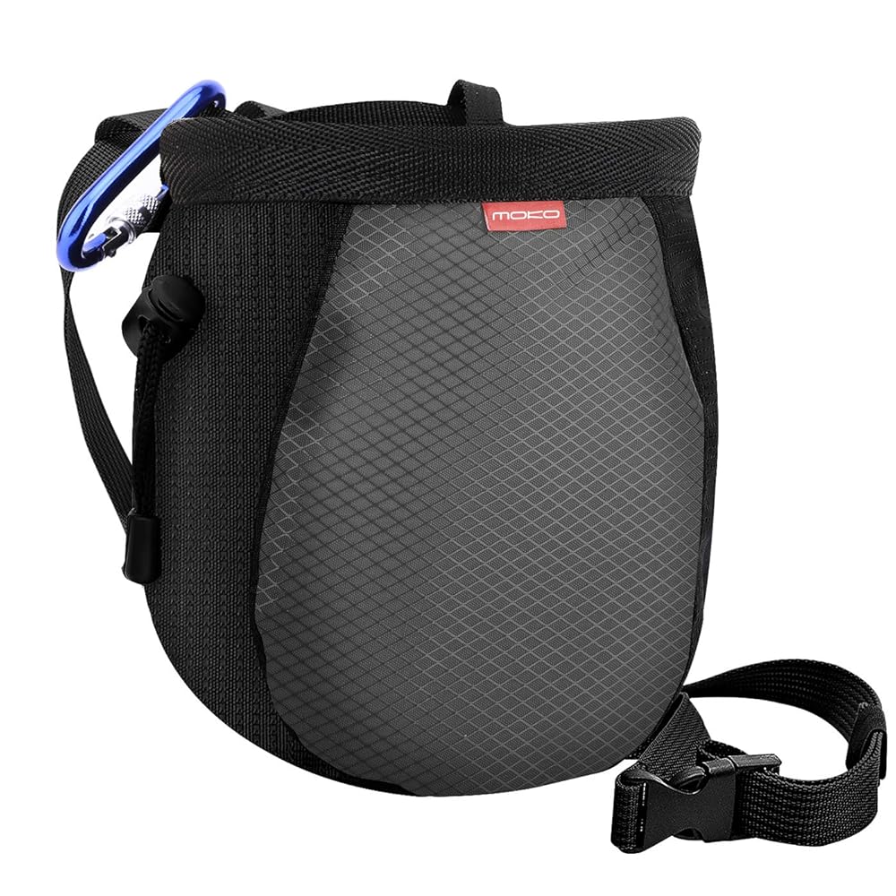 MoKo Rock Climbing Chalk Bag, Bouldering Chalk Pot Bucket with Adjustable Belt & Carabiner Drawstring Climbing Gear for Rock Climbing Weight Lifting Gymnastics Crossfit - Black & Gray
