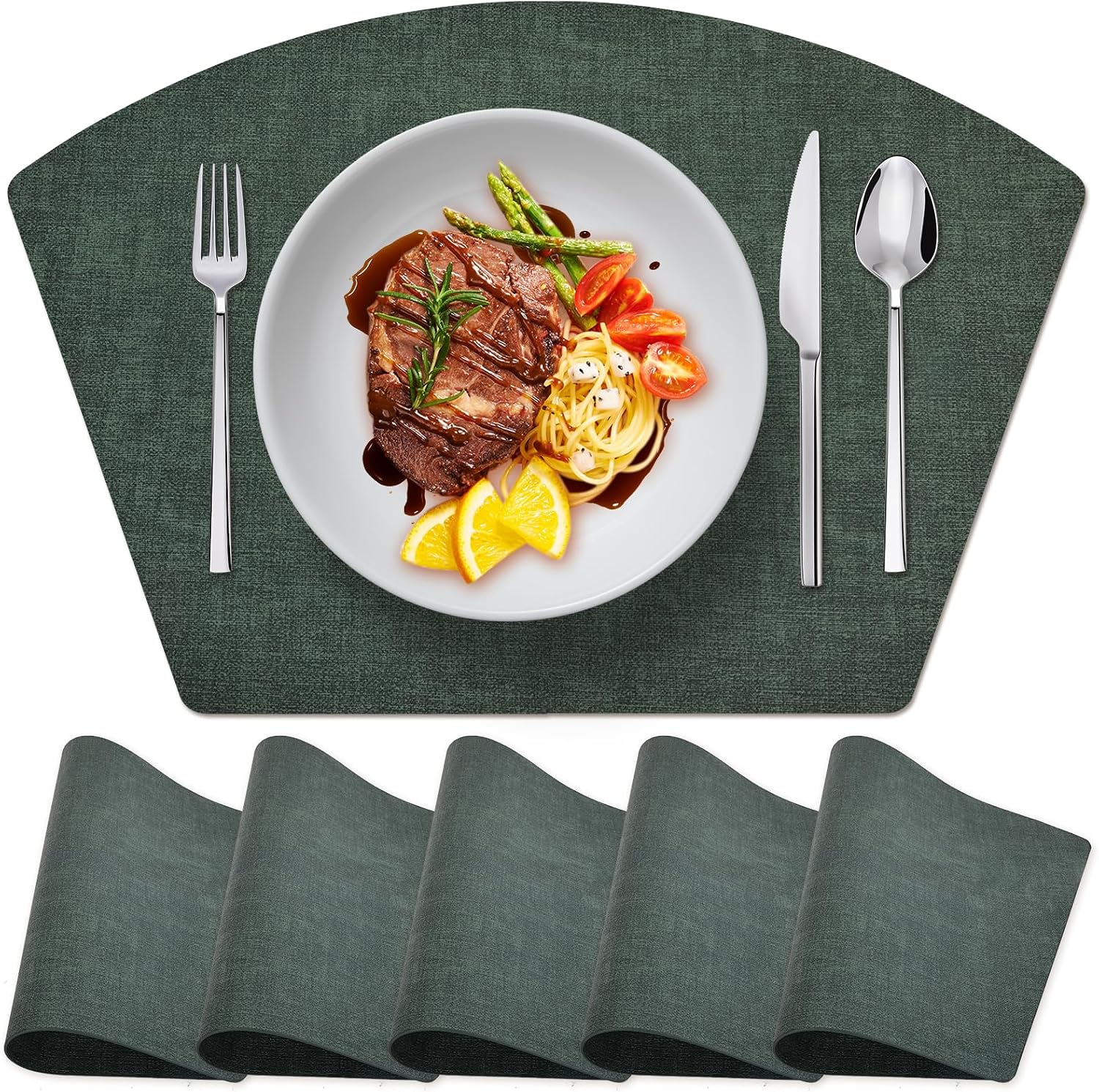 Faux Leather Round Placemats Set of 6, Wipeable Wedge Table Mats for Round Table, Heat Resistant Waterproof Place Mats, Dark Green