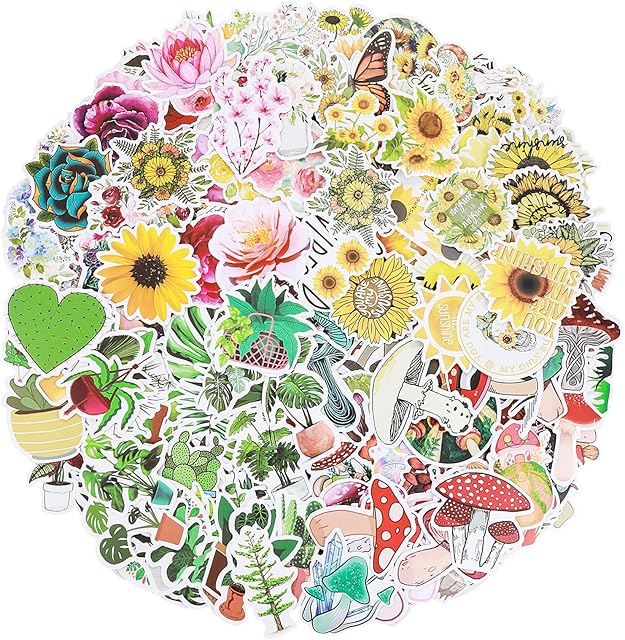 Lusofie 200Pcs Plant Sunflower Mushroom Flower Stickers Vinyl Waterproof Stickers Kids Stickers for Laptop Water Bottle Phone Skateboard Scrapbooking DIY Arts Crafts