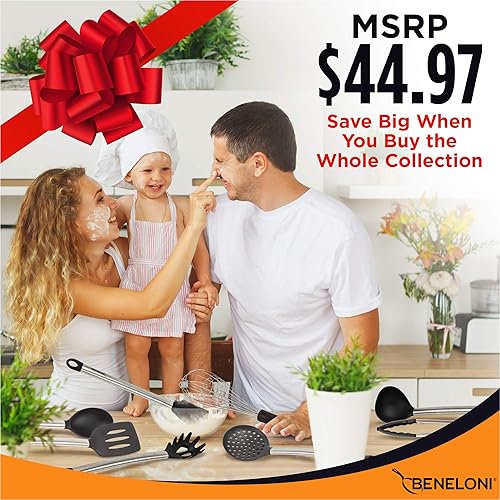 Miniatura 6 de Juego de utensilios de cocina de silicona de alta calidad  Acero inoxidable de metal y utensilios negros incluyendo pinzas, cucharas, espátula,