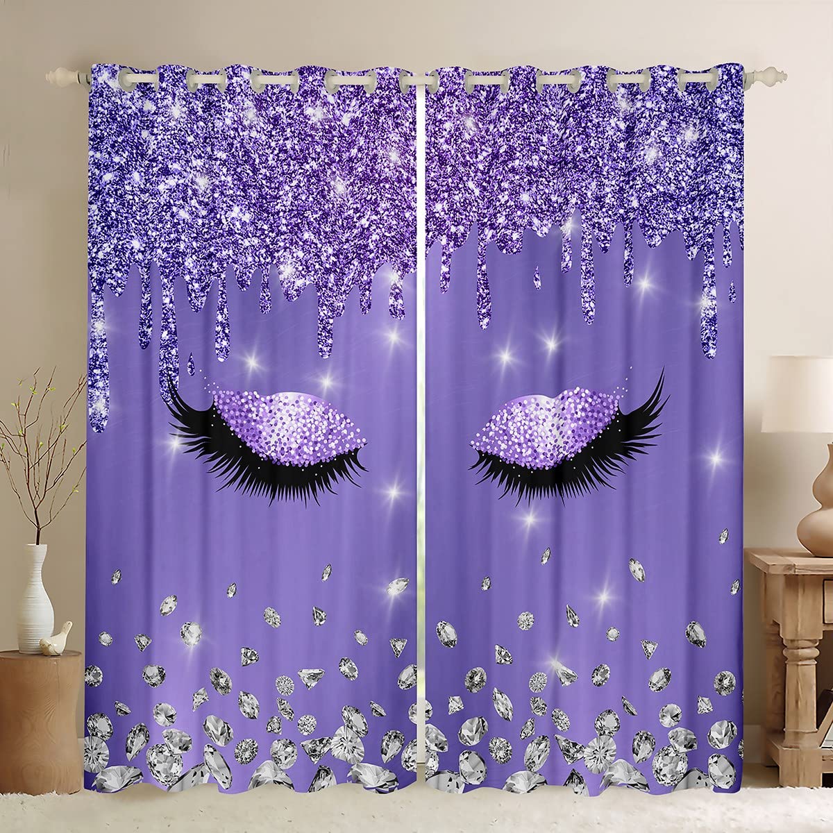 Homemissing Eyelash Glitter Diamond Curtains for Bedroom Living Room Modern Simple Lovely Dreapes Decor Purple Shiny Bling Blackout Curtains(30%-50%) Window Treatments