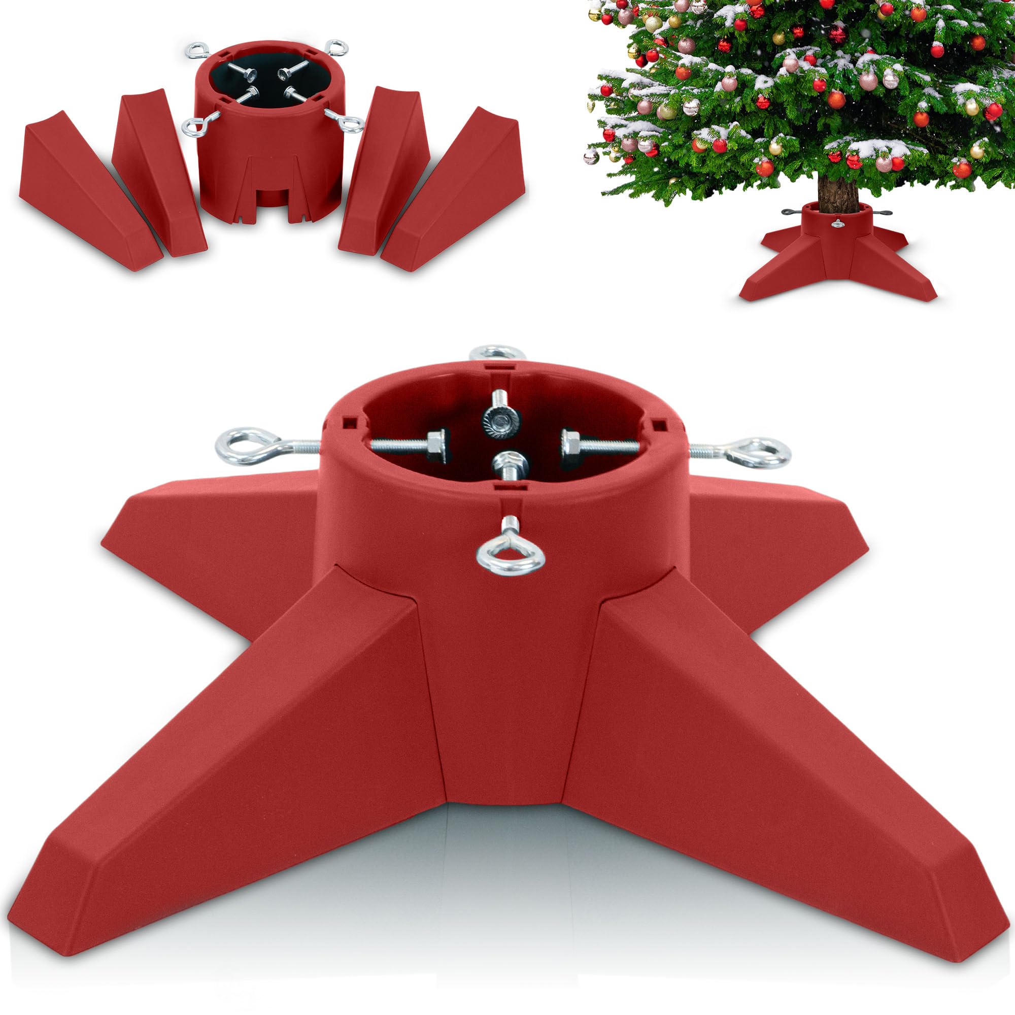 Festive Fix Crimson Red Christmas Tree Stand – Heavy-Duty Holder With Water Reservoir, Stable Base For Real Trees, Quick Assembly With Metal Bolts 6Ft